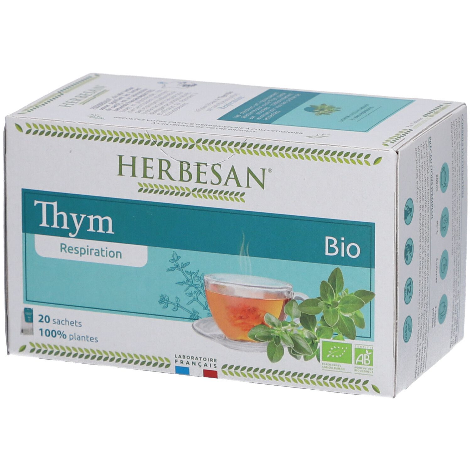 Boîte de thé Herbesan Bio Thym. Inscription : Thym, Bio, 20 sachets, 100% plantes. Image de thé et de thym.