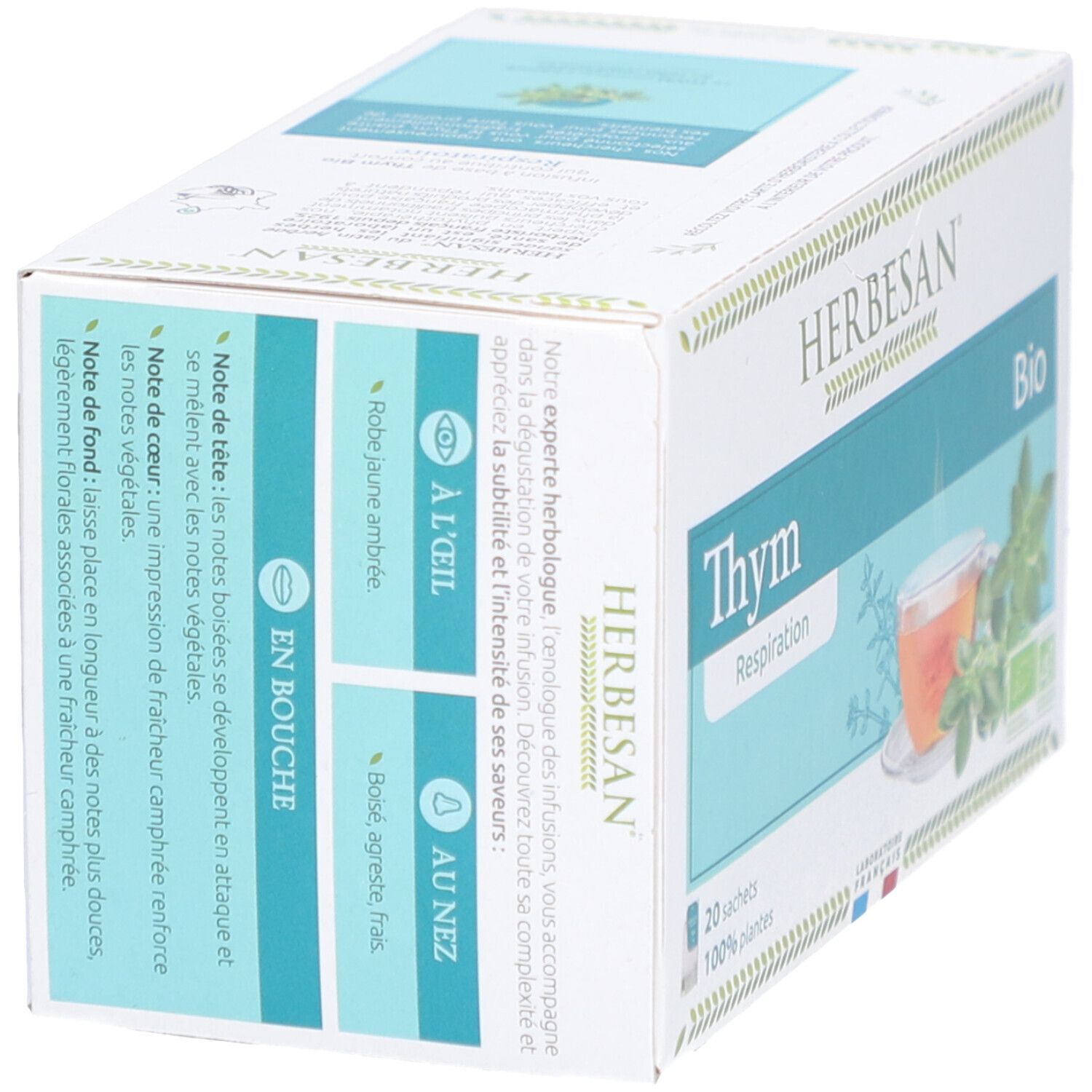 Boîte de thé Herbesan Bio Thym. Inscription : Thym, Bio, 20 sachets, 100% plantes. Texte sur les propriétés du thé.