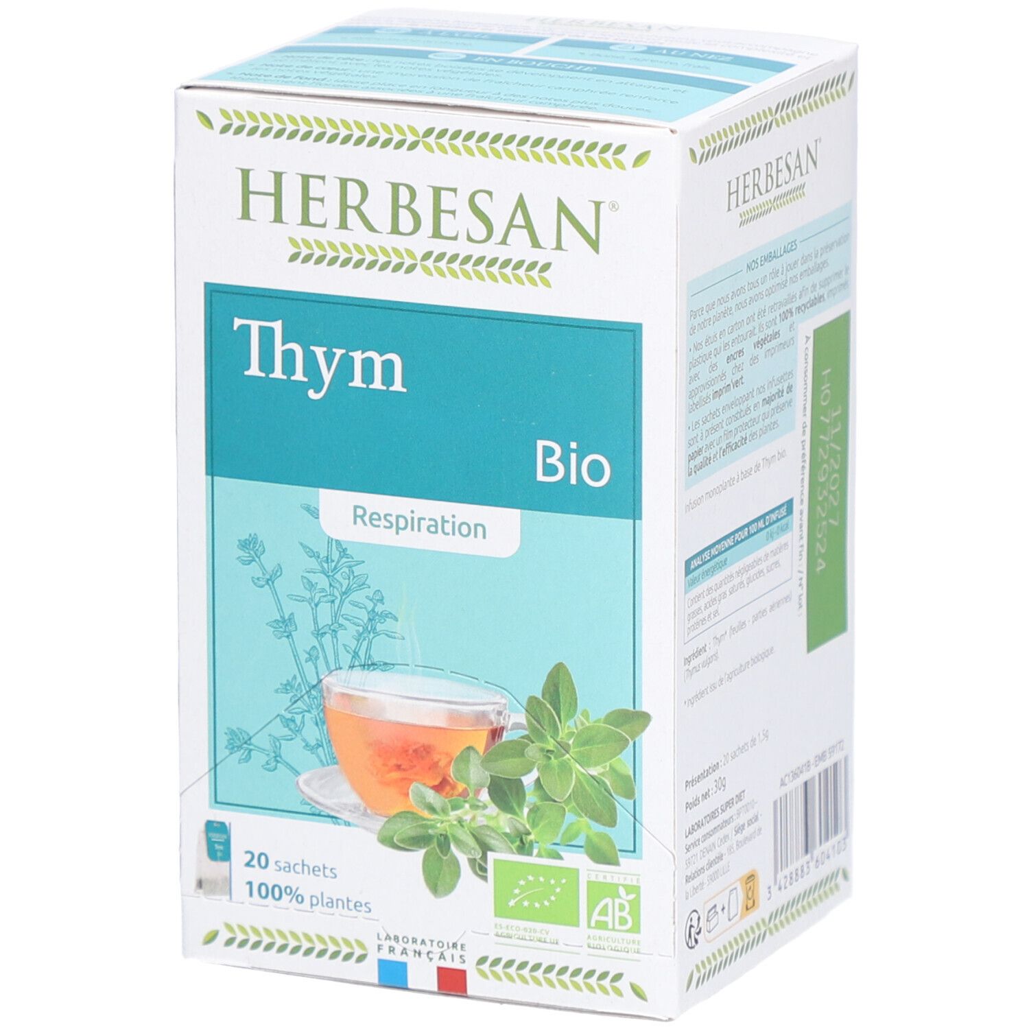 Boîte de thé Herbesan Bio Thym. Inscription : Thym, Bio, 20 sachets, 100% plantes. Image de thé et de thym.