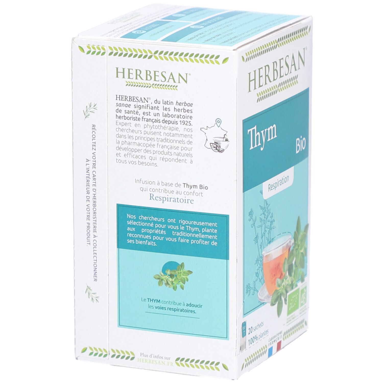 Boîte de thé Herbesan Bio Thym. Inscription : Thym, Bio, 20 sachets, 100% plantes. Texte sur la fabrication du thé.