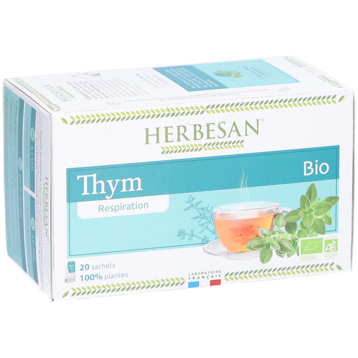 Boîte de thé Herbesan Bio Thym. Inscription : Thym, Bio, 20 sachets, 100% plantes. Image de thé et de thym.