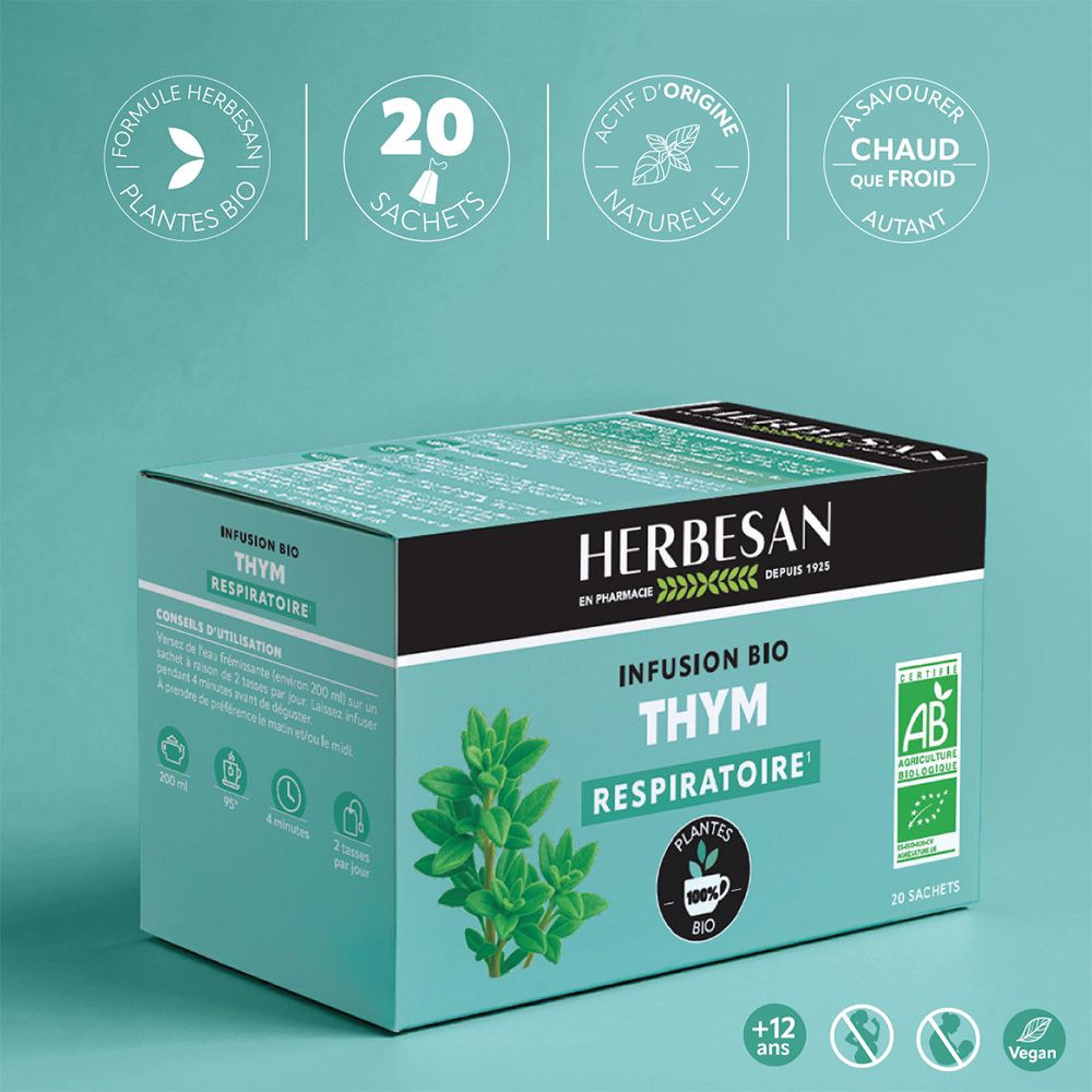 Boîte de thé Herbesan Bio Thym. Inscription : Thym, Respiratoire, 20 sachets, label bio.