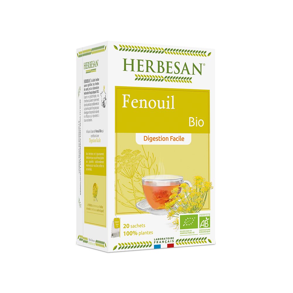 Boîte de thé Herbesan Fenchel Bio. Inscription : Fenchel, Bio, Digestion Facile. Certification française. 20 sachets.