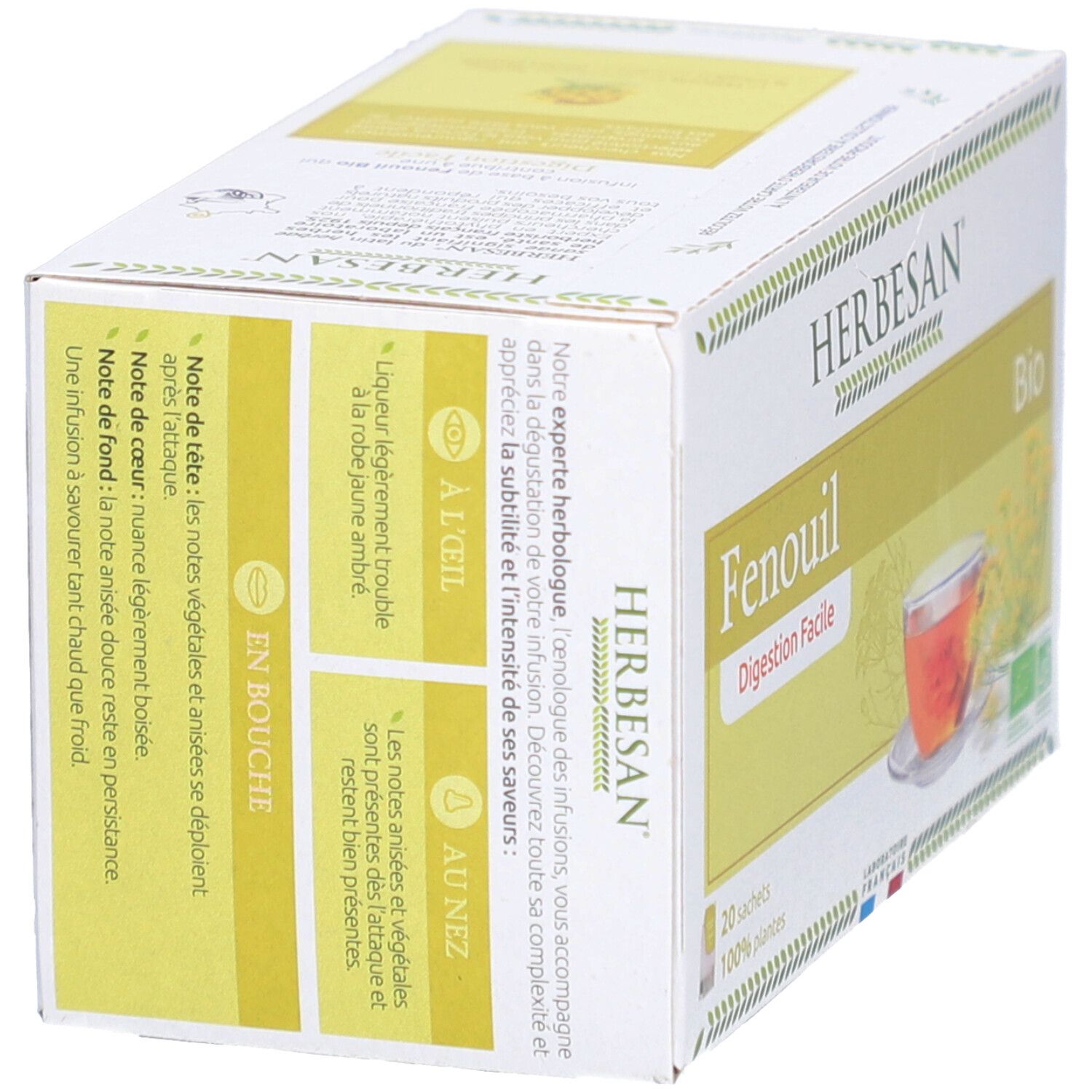Emballage Herbesan Fenchel Bio. Texte sur les arômes. 20 sachets. Label Bio.
