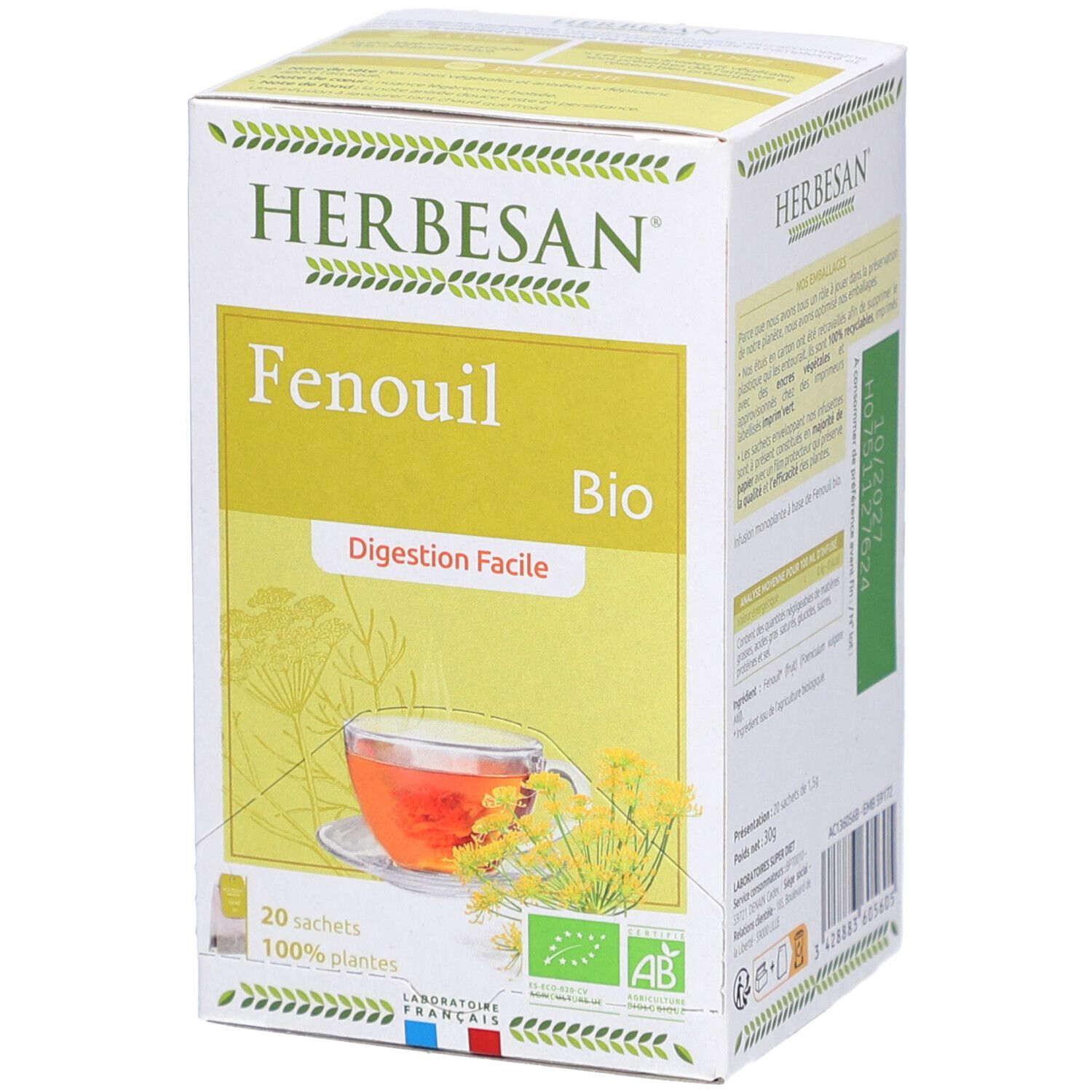 Emballage Herbesan Fenchel Bio. 20 sachets. Label Bio. Vue latérale.