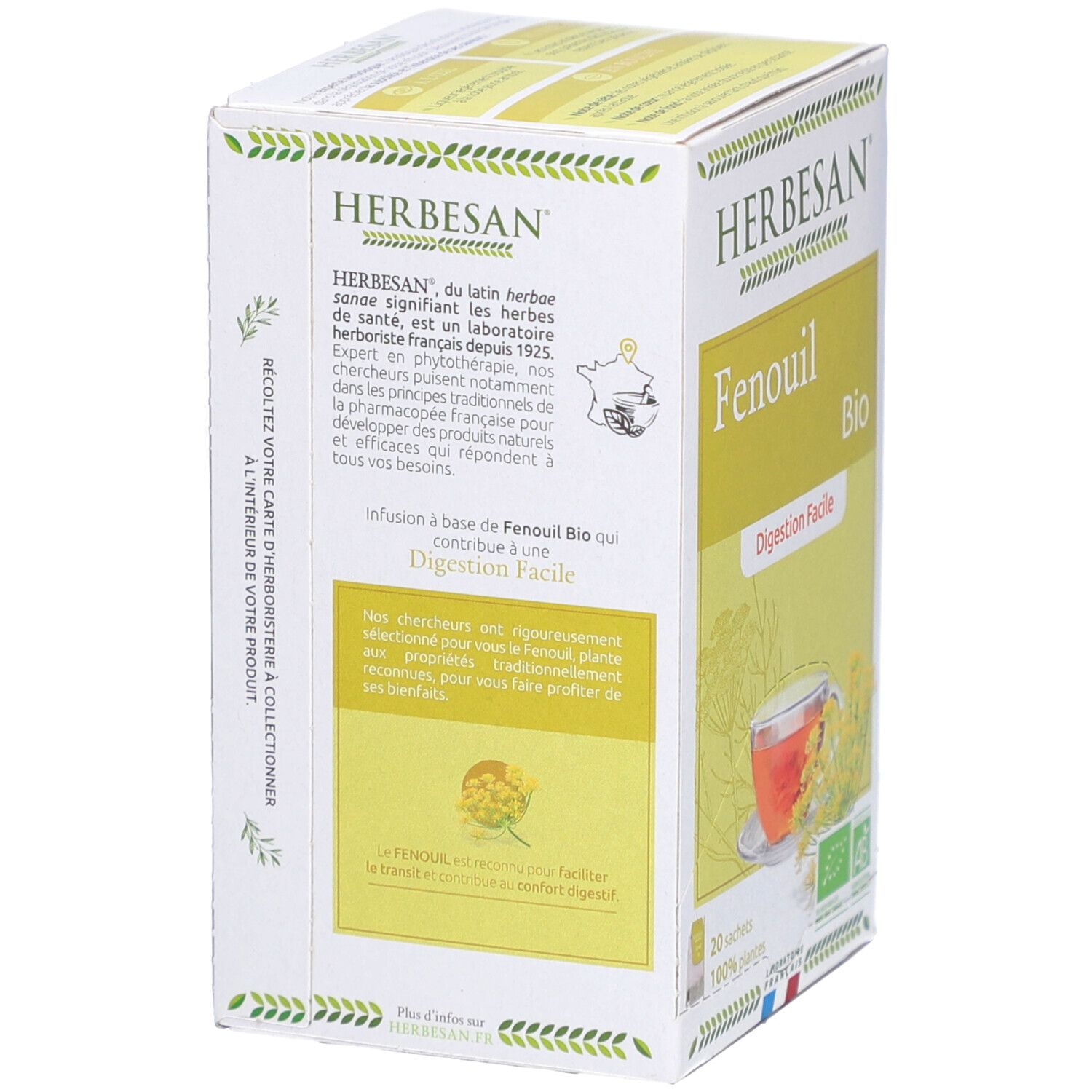Emballage Herbesan Fenchel Bio. 20 sachets. Label Bio. Texte sur le produit.