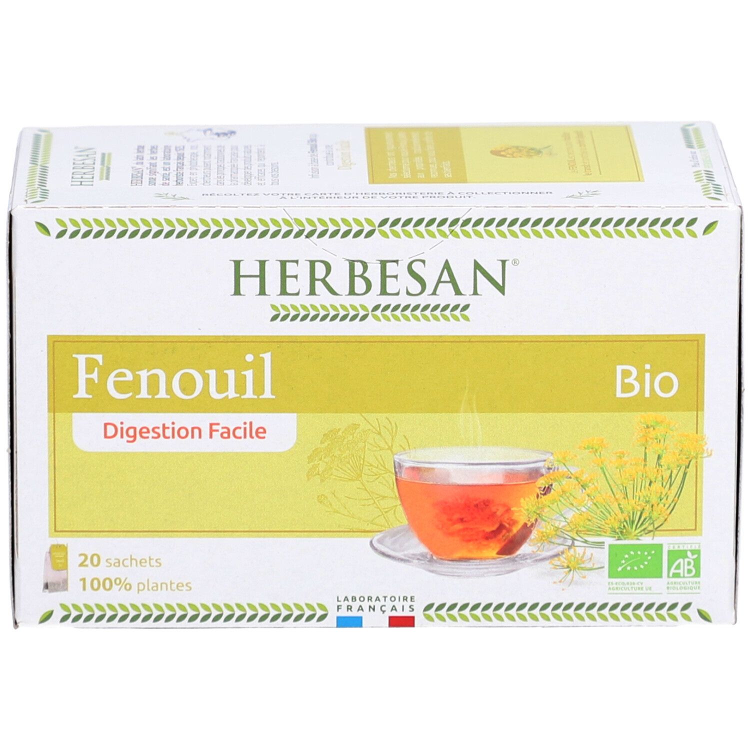 Emballage Herbesan Fenchel Bio. 20 sachets. Label Bio. Image d'une tasse de thé.