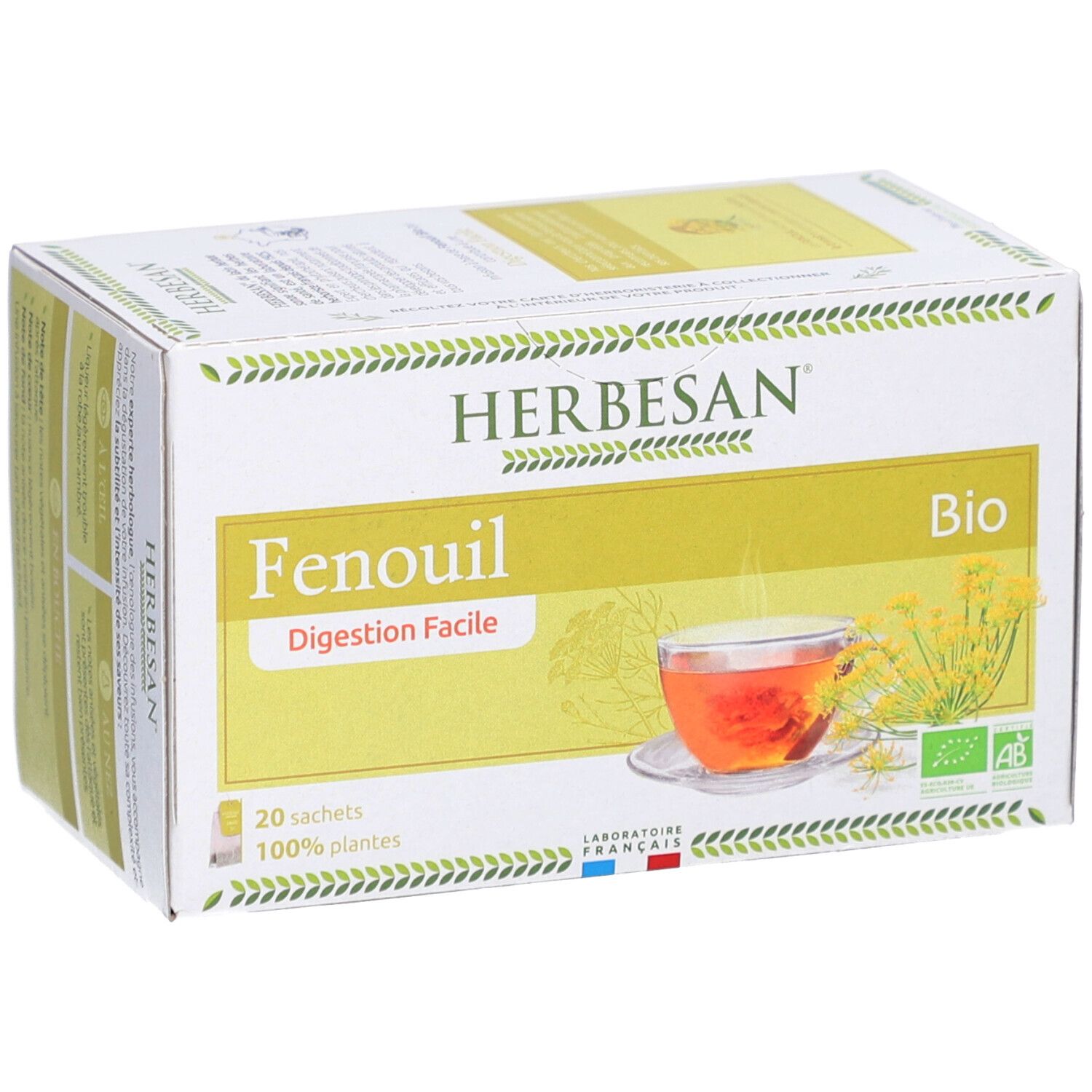 Emballage Herbesan Fenchel Bio. 20 sachets. Label Bio. Image d'une tasse de thé.