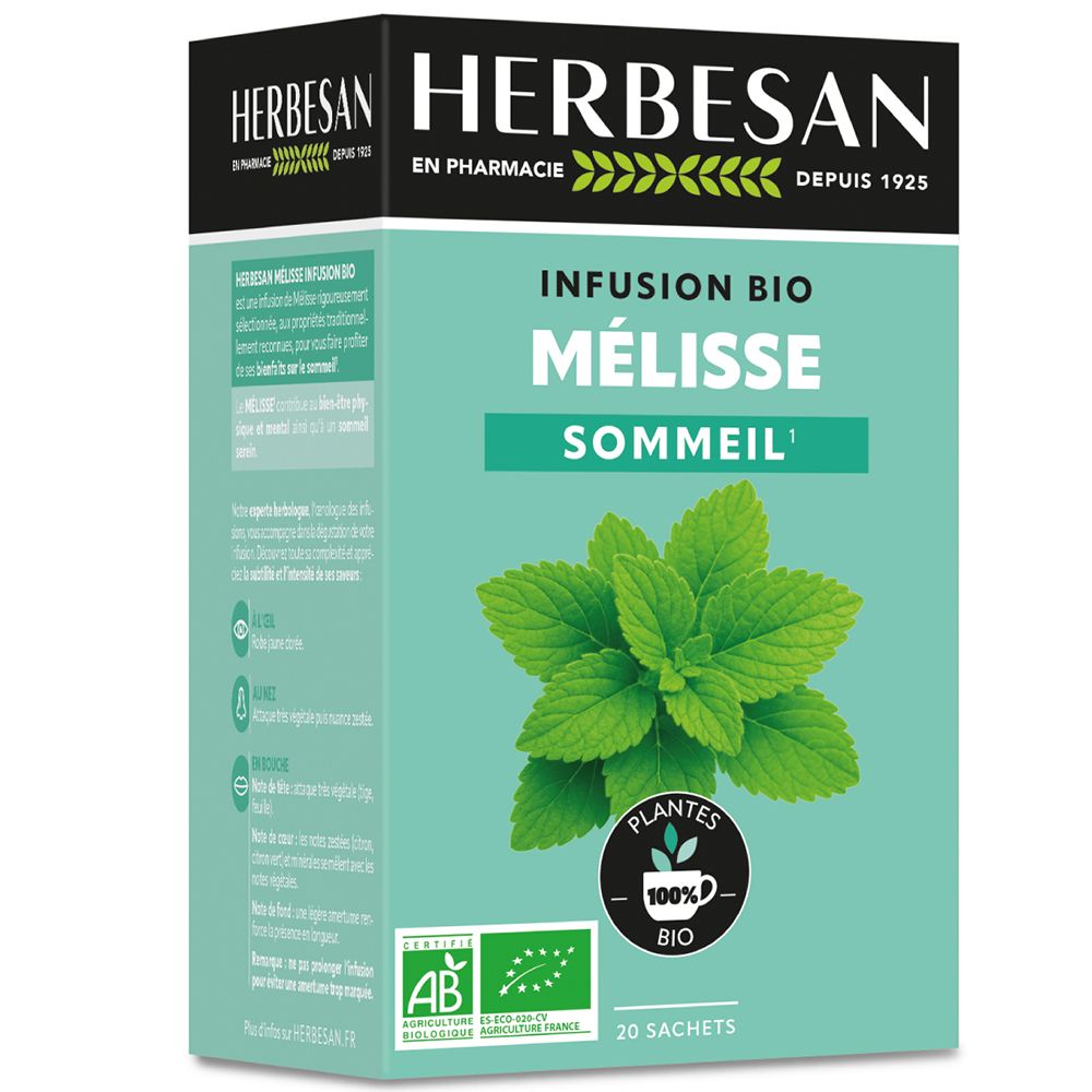 Boîte Herbesan Bio Mélisse Infusion. Vert et blanc. Logo, texte: Infusion Bio Mélisse Sommeil, 20 sachets. Certifications.