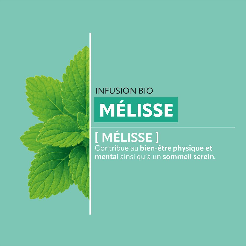 Graphique avec feuille de mélisse et texte: Infusion Bio Mélisse. Texte: Contribue au bien-être physique et mental ainsi qu'à un sommeil serein.
