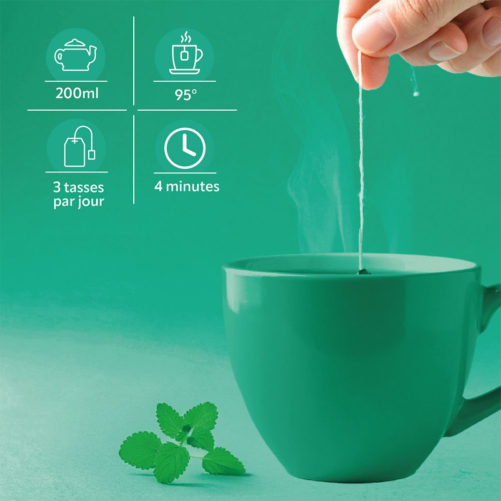 Tasse de thé avec sachet. Instructions: 200ml, 95°, 3 tasses par jour, 4 minutes.