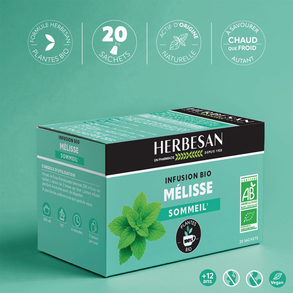 Boîte Herbesan Bio Mélisse Infusion. Logo, texte: Infusion Bio Mélisse Sommeil, 20 sachets. Certifications.