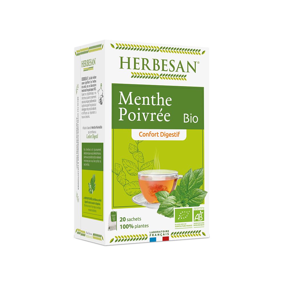 Boîte Herbesan Menthe Poivrée Bio. Emballage vert et blanc avec logo, nom du produit, label bio et illustration de thé.