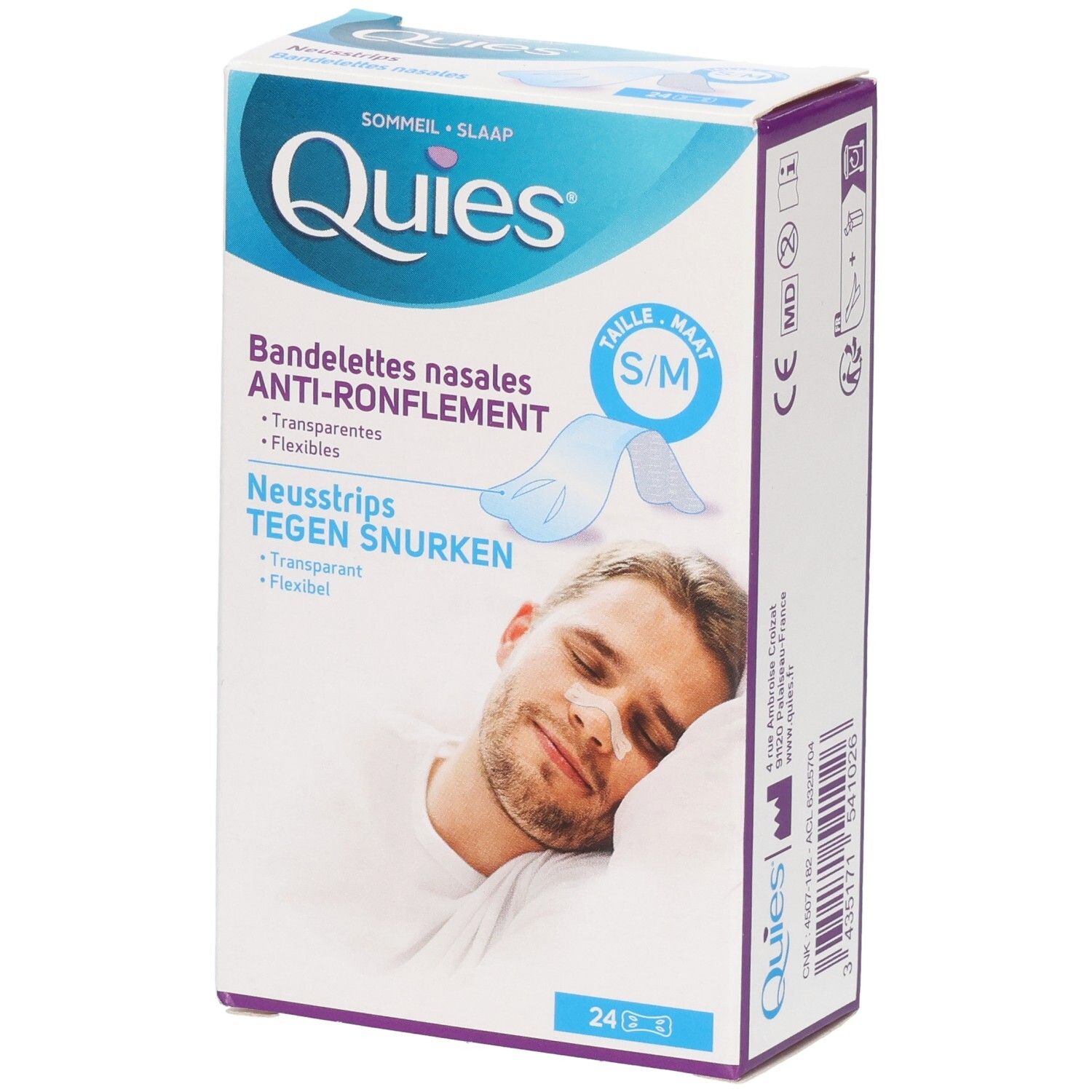 Quies Bandelettes nasales anti-ronflement, transparentes, flexibles, taille S/M, 24 pièces.