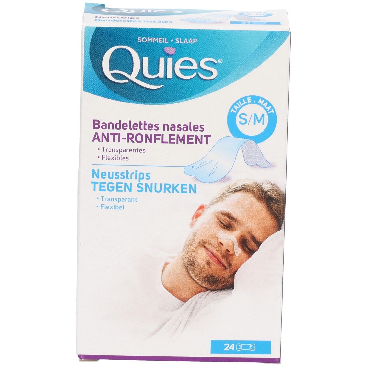 Quies Bandelettes nasales anti-ronflement, bandelettes transparentes et flexibles pour améliorer la respiration nasale.