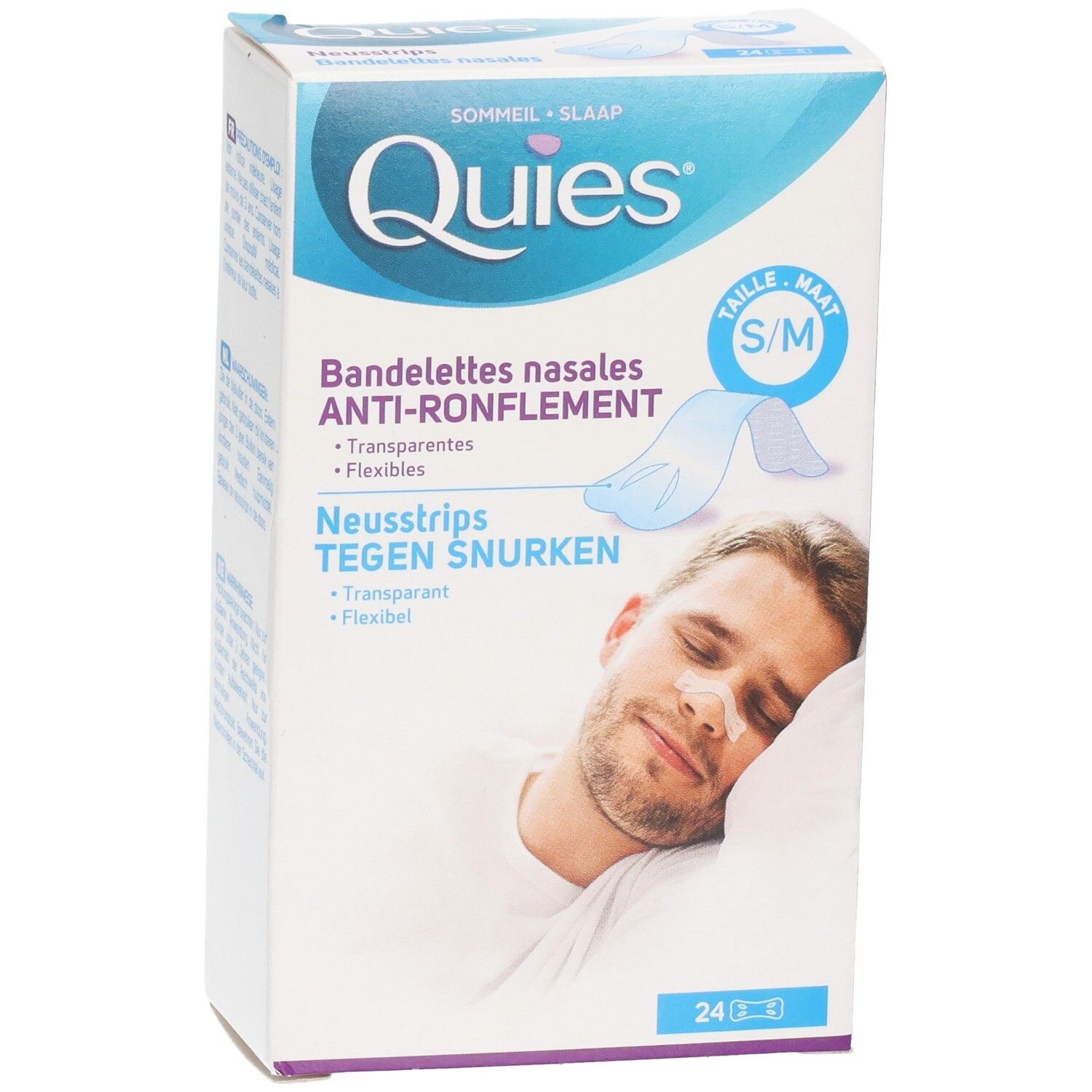 Quies Bandelettes nasales anti-ronflement, boîte de 24, taille S/M, pour une respiration nasale plus libre.