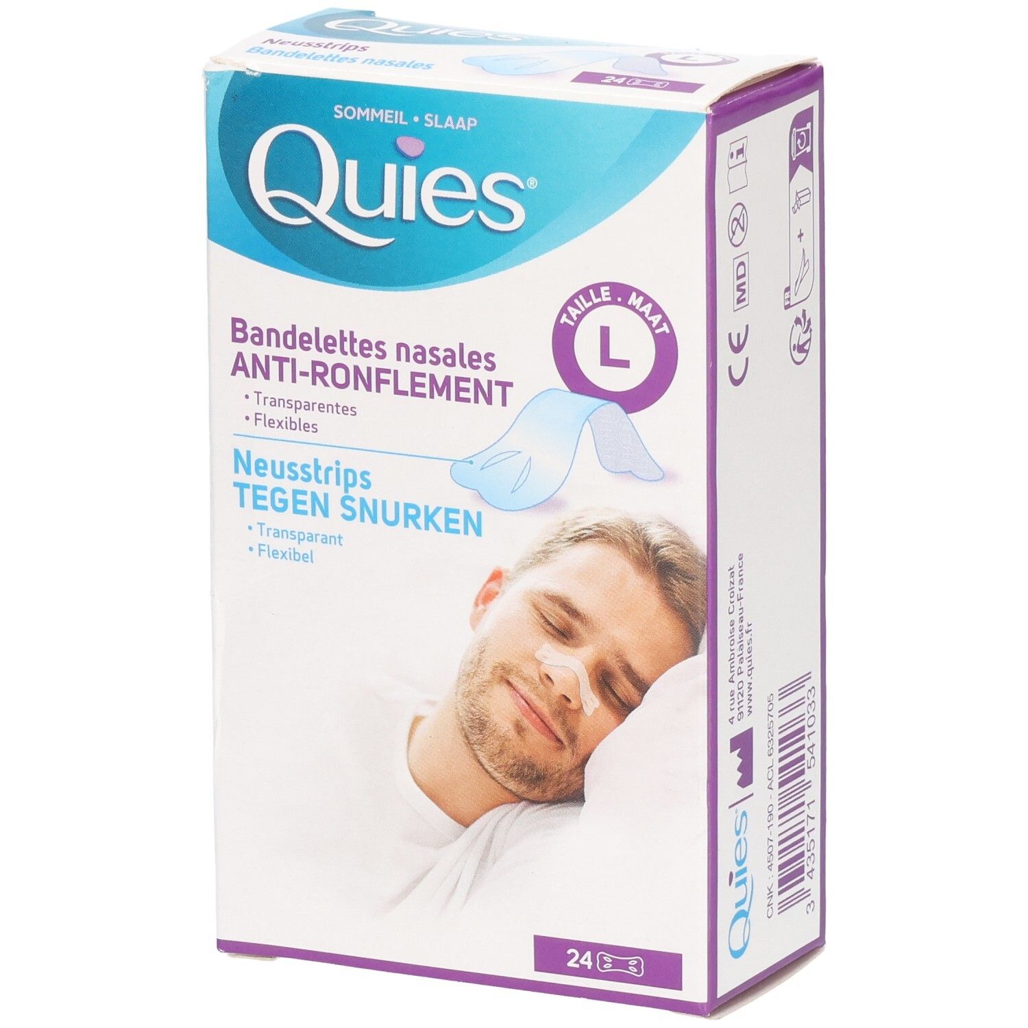 Bandelettes nasales Quies anti-ronflement, taille L, transparentes, 24 pièces.