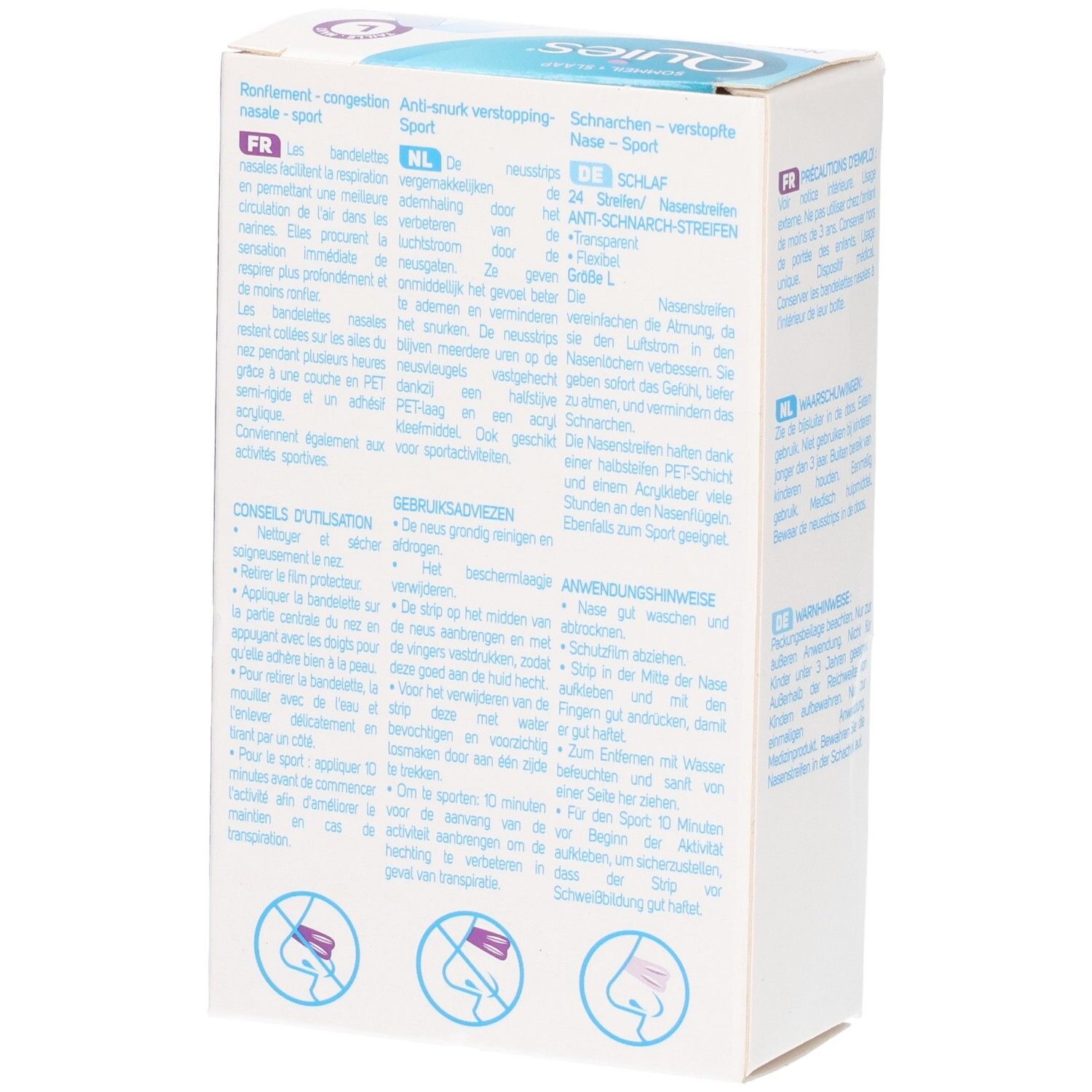 Bandelettes nasales Quies anti-ronflement, taille L, transparentes, 24 pièces. Instructions d'utilisation au dos.