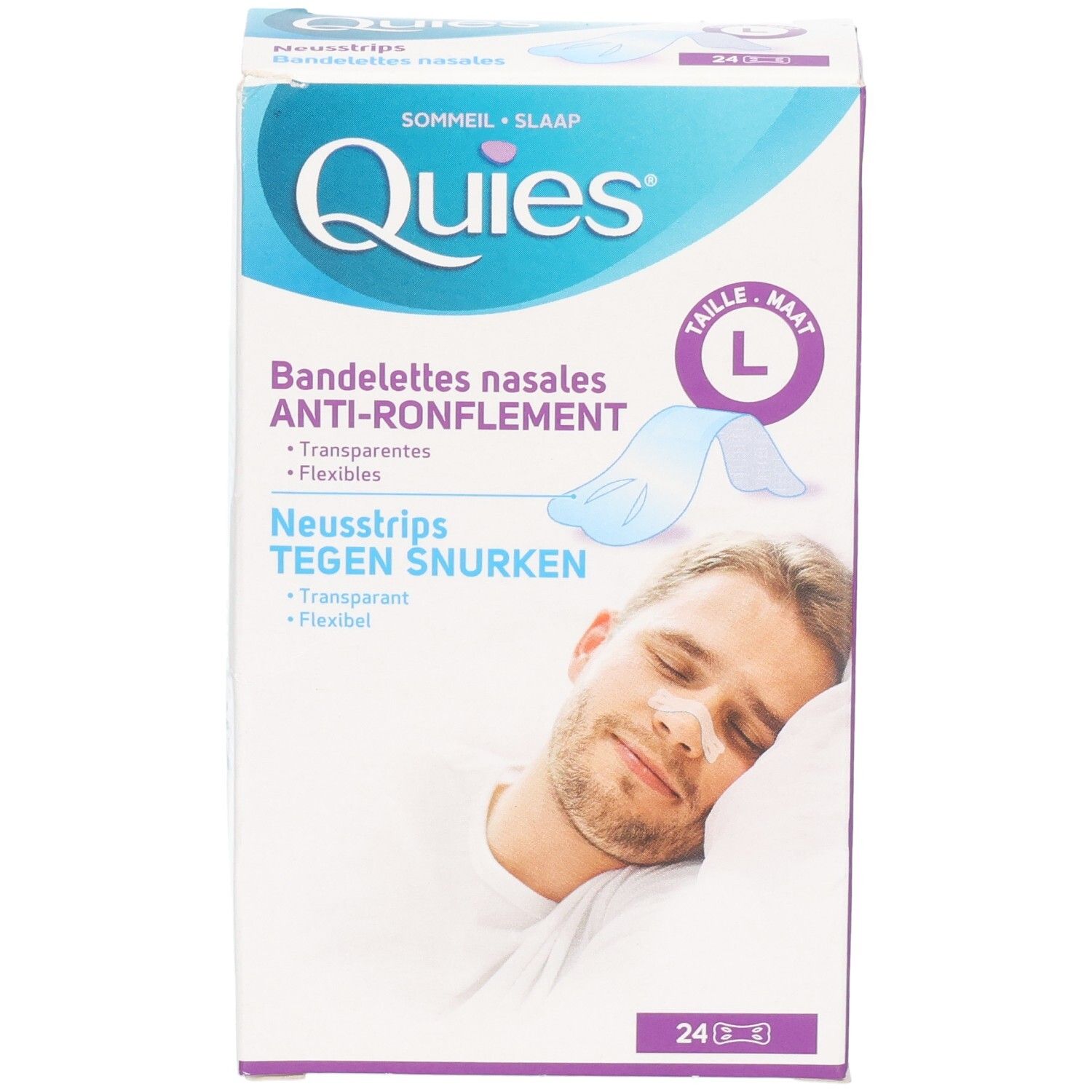 Bandelettes nasales Quies anti-ronflement, taille L, transparentes, 24 pièces. Façade avec illustration du produit.