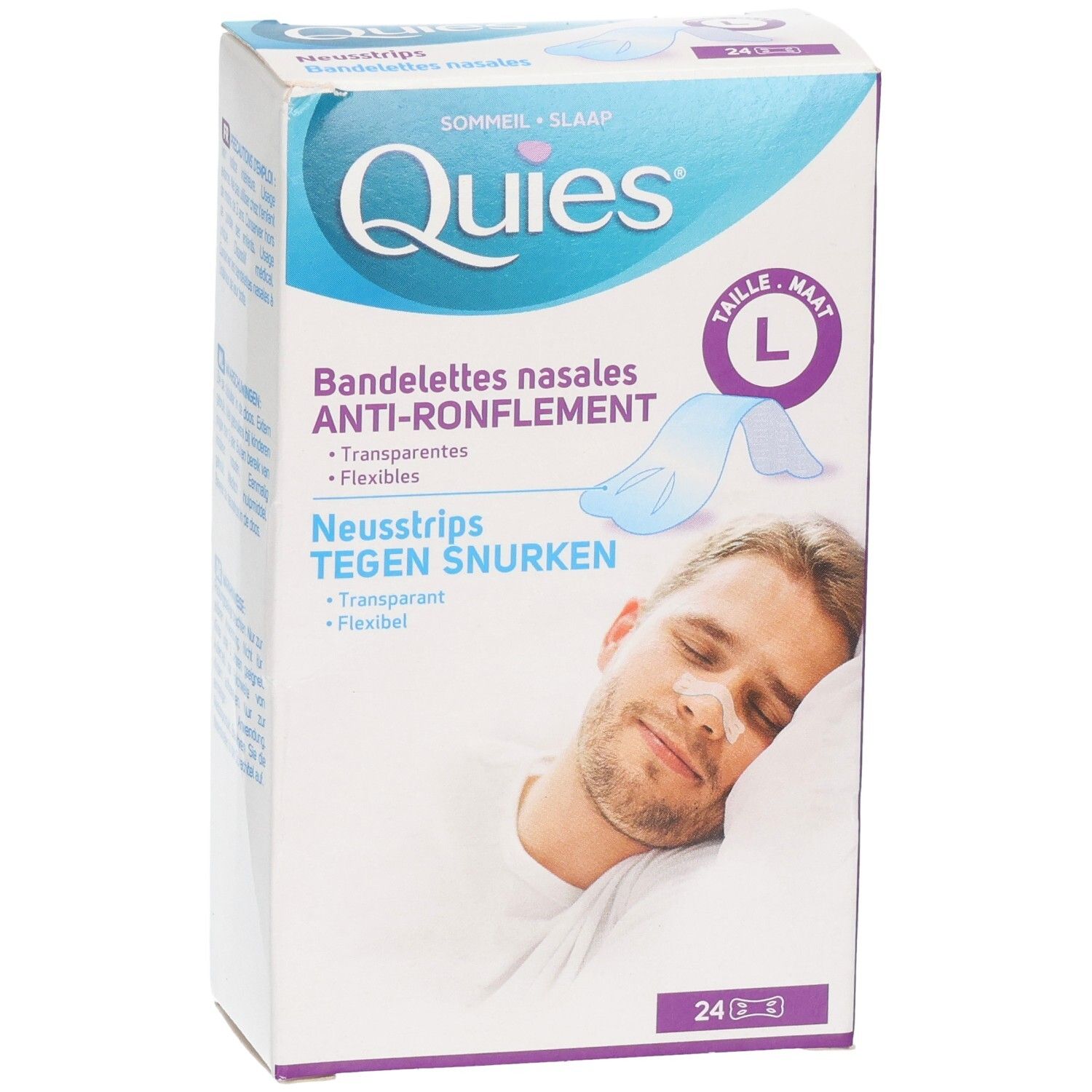 Bandelettes nasales Quies anti-ronflement, taille L, transparentes, 24 pièces. Emballage avec motif dormeur.