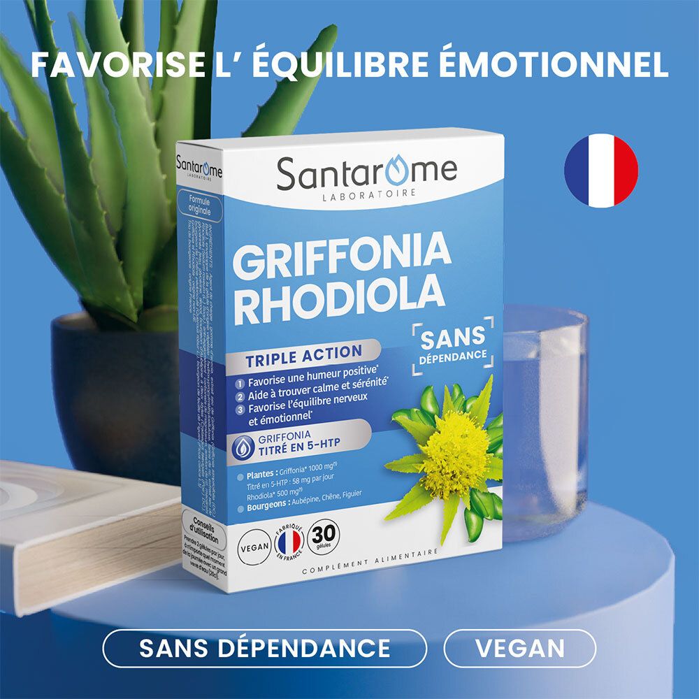 Emballage du produit Santarome Bio Griffonia Rhodiola. Sur fond bleu avec plantes et verre. Texte: Favorise l'équilibre émotionnel.