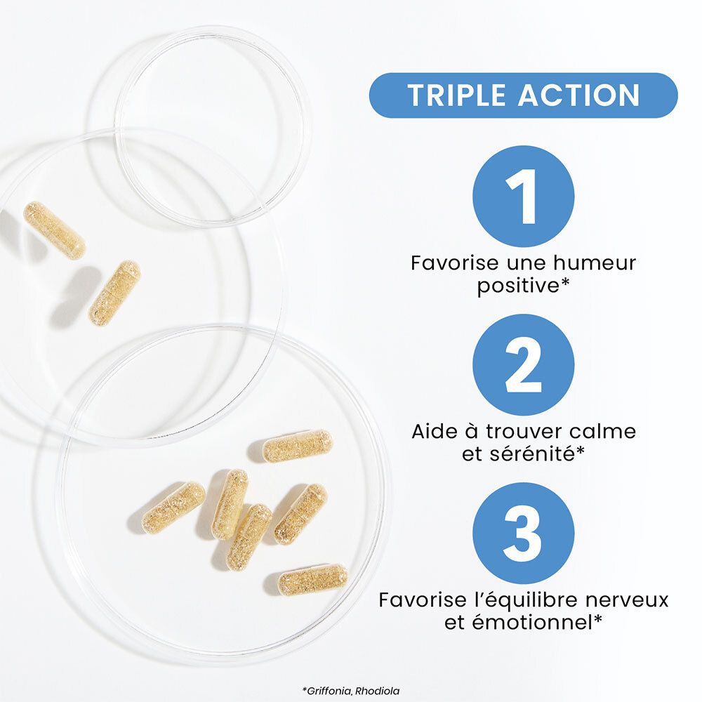 Trois boîtes de Pétri avec gélules jaunes. Texte : Triple Action, 3 avantages. Griffonia, Rhodiola, favorise l'humeur, calme, équilibre.