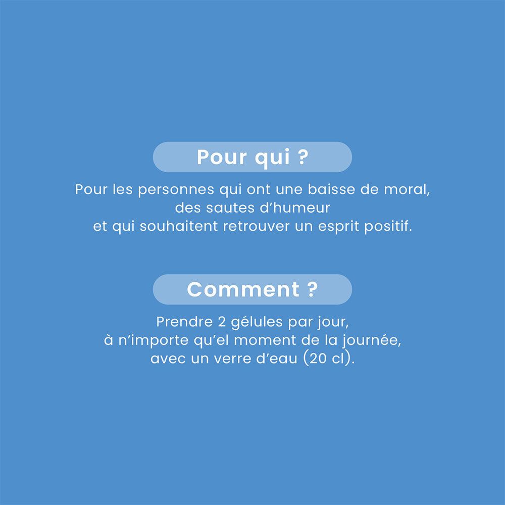 Texte sur fond bleu. Questions et réponses : Pour qui ? Comment ? Prendre 2 gélules par jour avec de l'eau.