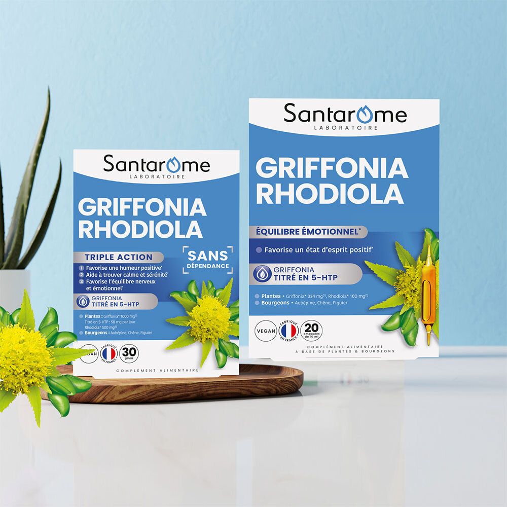 Deux boîtes Santarome Bio Griffonia Rhodiola. Emballage bleu avec informations produit et illustration florale.