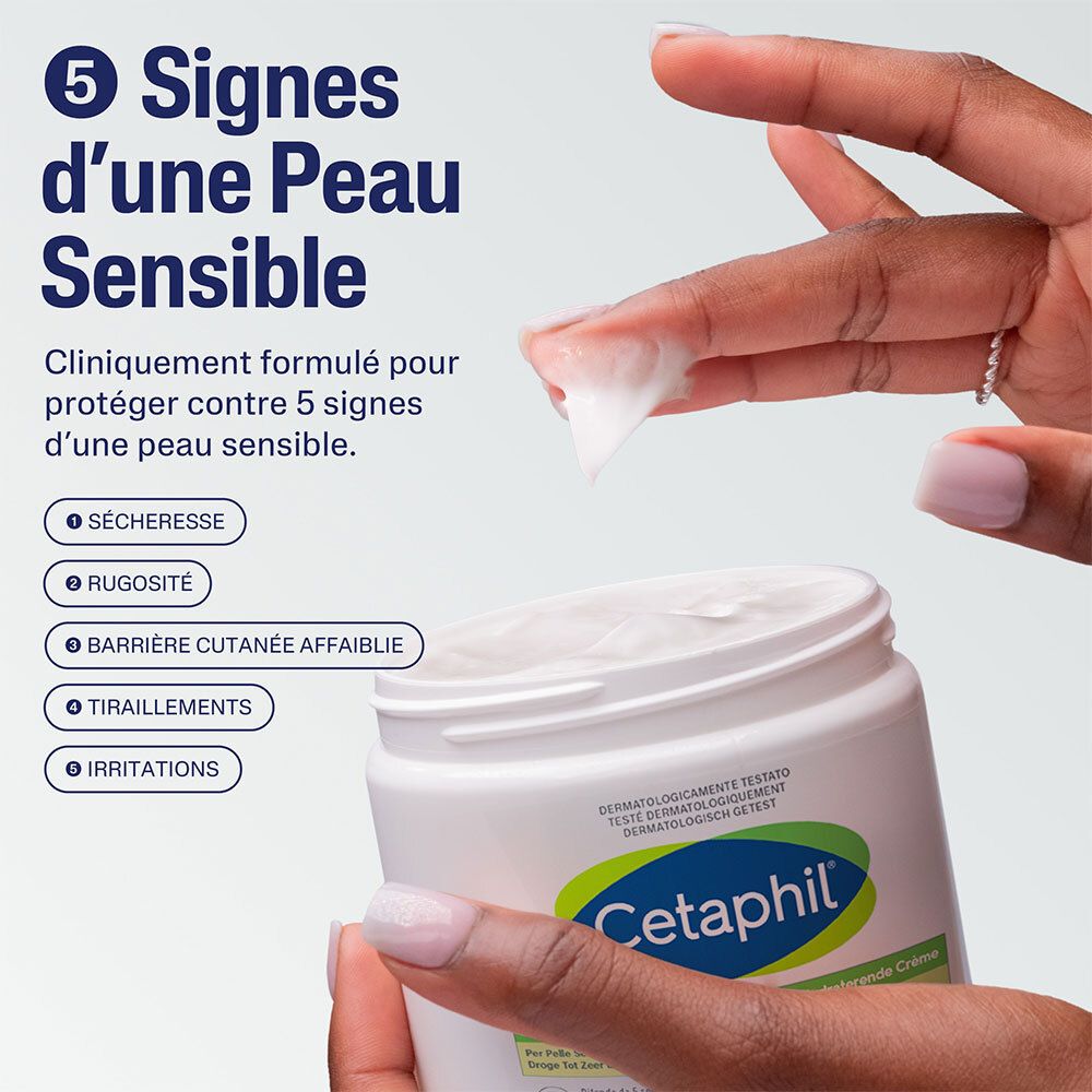 Main avec crème sur le doigt. Texte: 5 signes de peau sensible. Sécheresse, rugosité, irritations.