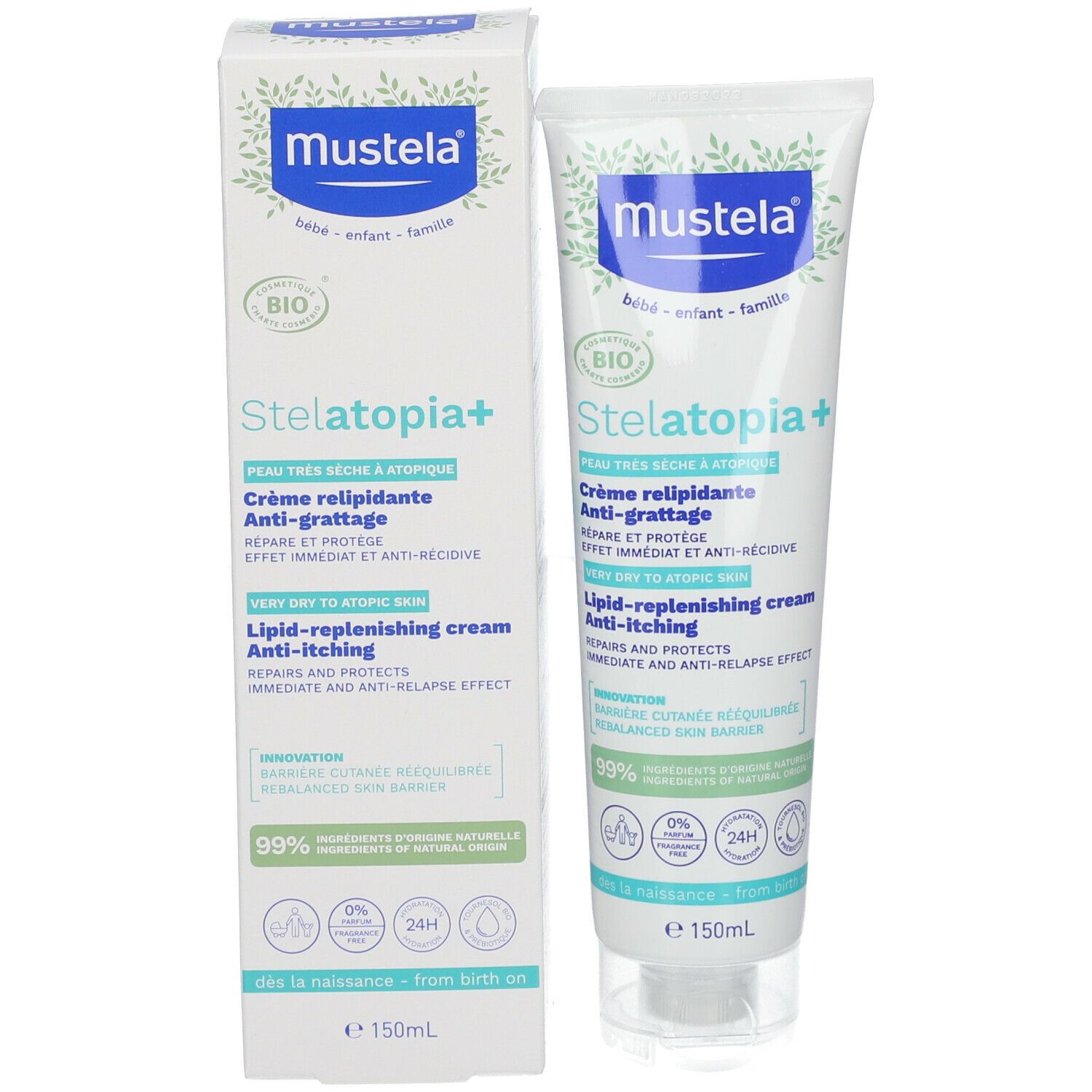Crème Mustela Stelatopia+ et emballage. Certifié BIO. Pour peau atopique. 150ml.