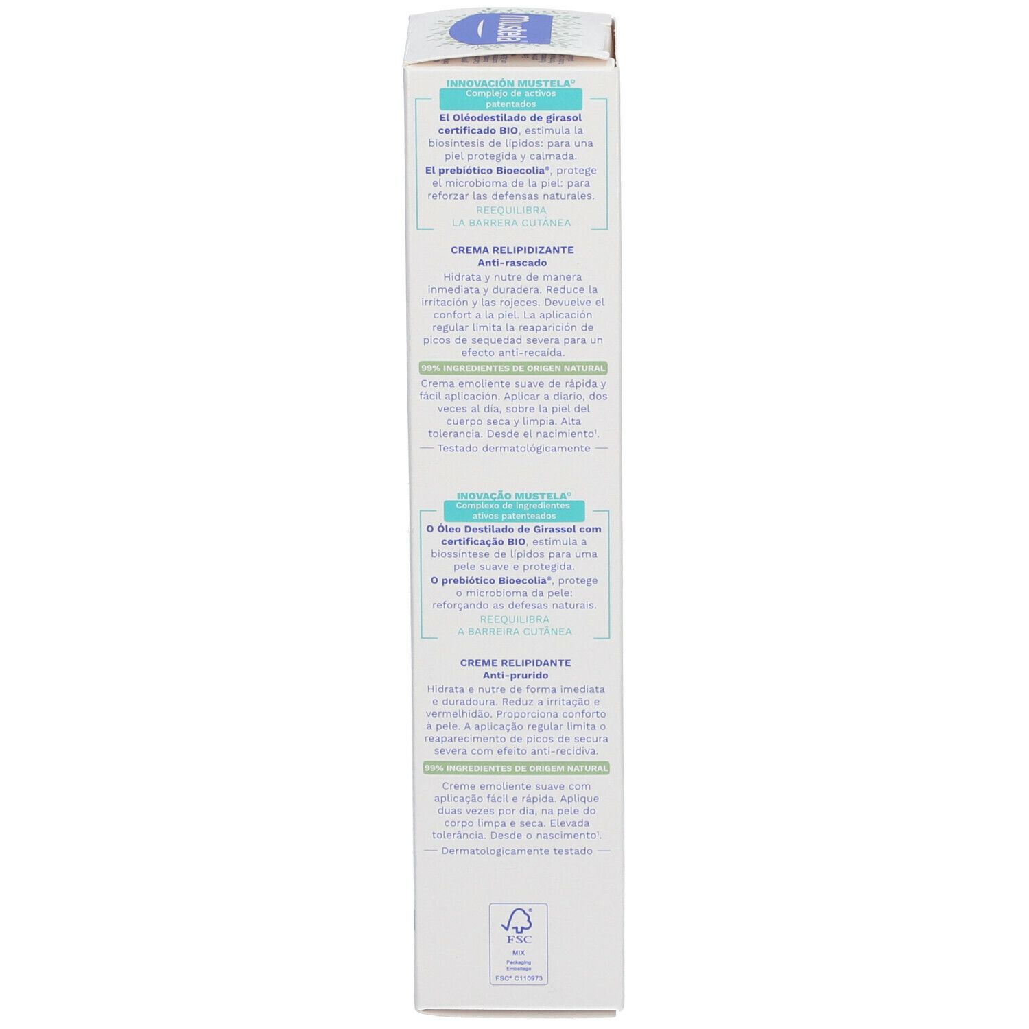 Emballage de la crème Mustela Stelatopia+. Texte multilingue. Certification BIO.