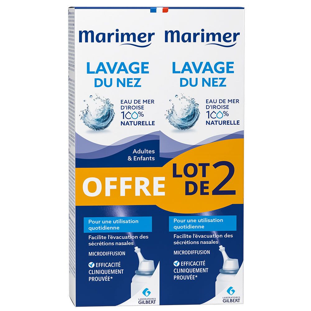 Boîte de deux sprays nasaux Marimer. Inscription: Lavage du Nez, Eau de mer d'Iroise, 100% naturelle. Pour adultes et enfants.