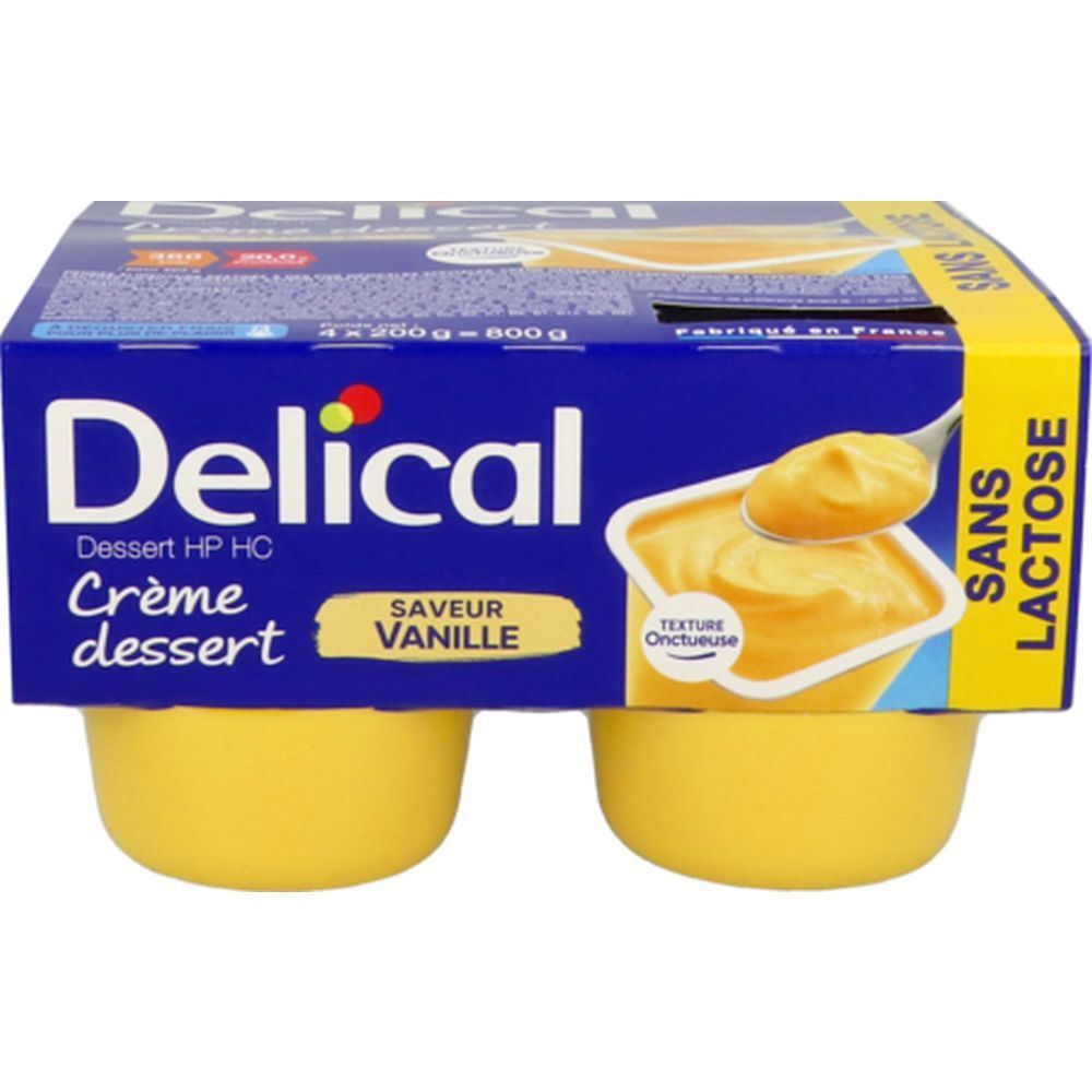 Emballage de quatre desserts. Boîte bleue Delical, Crème dessert, Saveur vanille, Sans Lactose. Desserts jaunes.