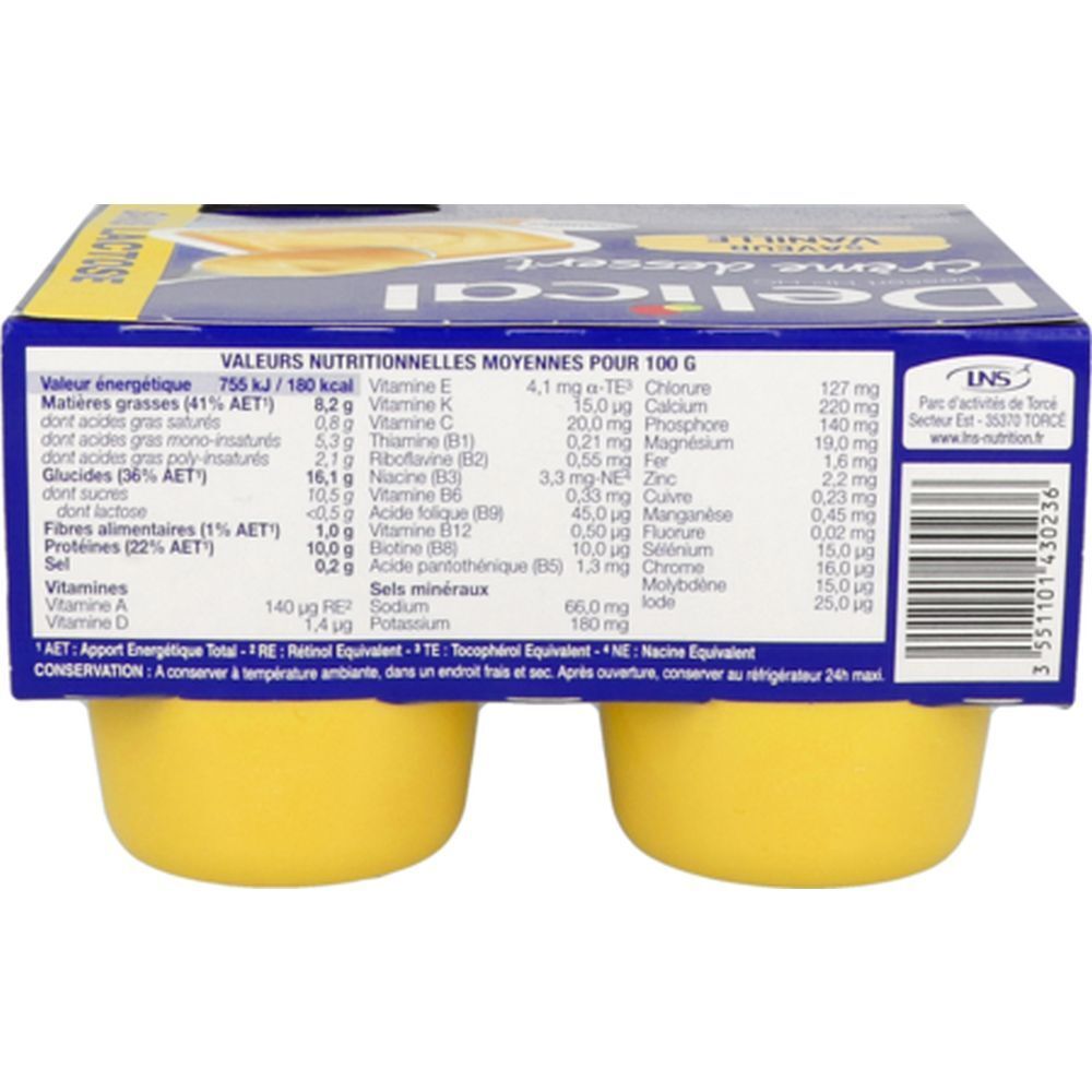 Dos de l'emballage avec informations nutritionnelles. Boîte bleue avec desserts jaunes. Texte en français.