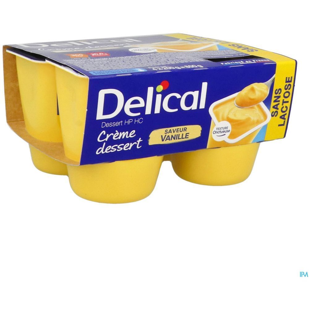 Emballage de quatre desserts. Boîte bleue Delical, Crème dessert, Saveur vanille, Sans Lactose. Desserts jaunes.