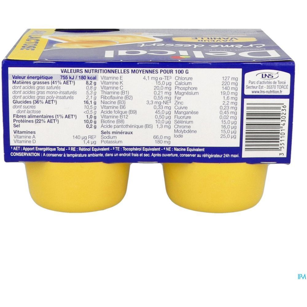 Dos de l'emballage avec informations nutritionnelles. Boîte bleue avec desserts jaunes. Texte en français.