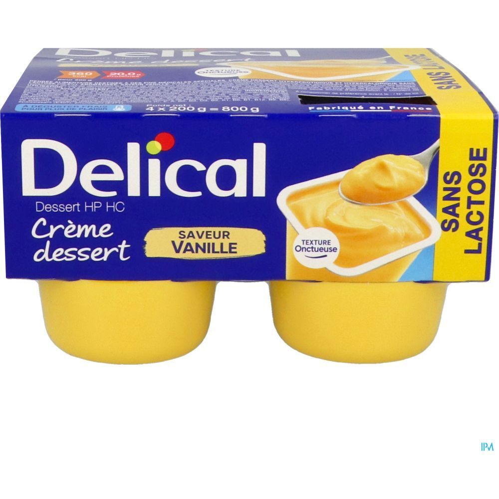 Emballage de quatre desserts. Boîte bleue Delical, Crème dessert, Saveur vanille, Sans Lactose. Desserts jaunes.