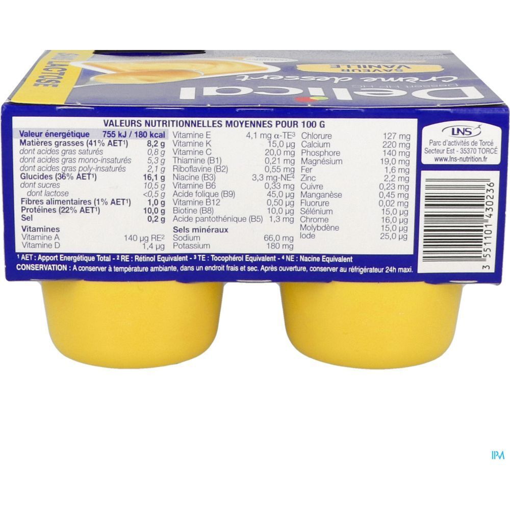 Dos de l'emballage avec informations nutritionnelles. Boîte bleue avec desserts jaunes. Texte en français.