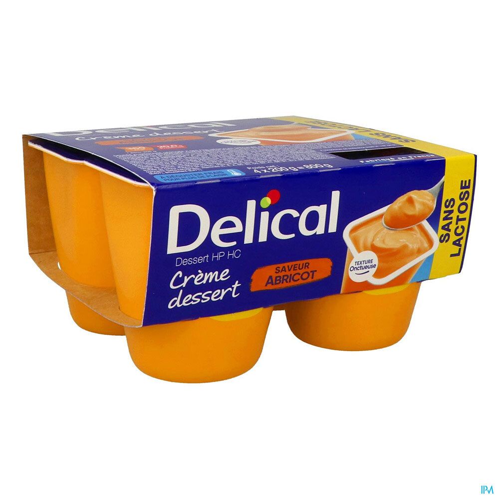 Emballage de quatre pots de Delical Crème dessert saveur abricot. Emballage bleu et jaune. Nom du produit visible.