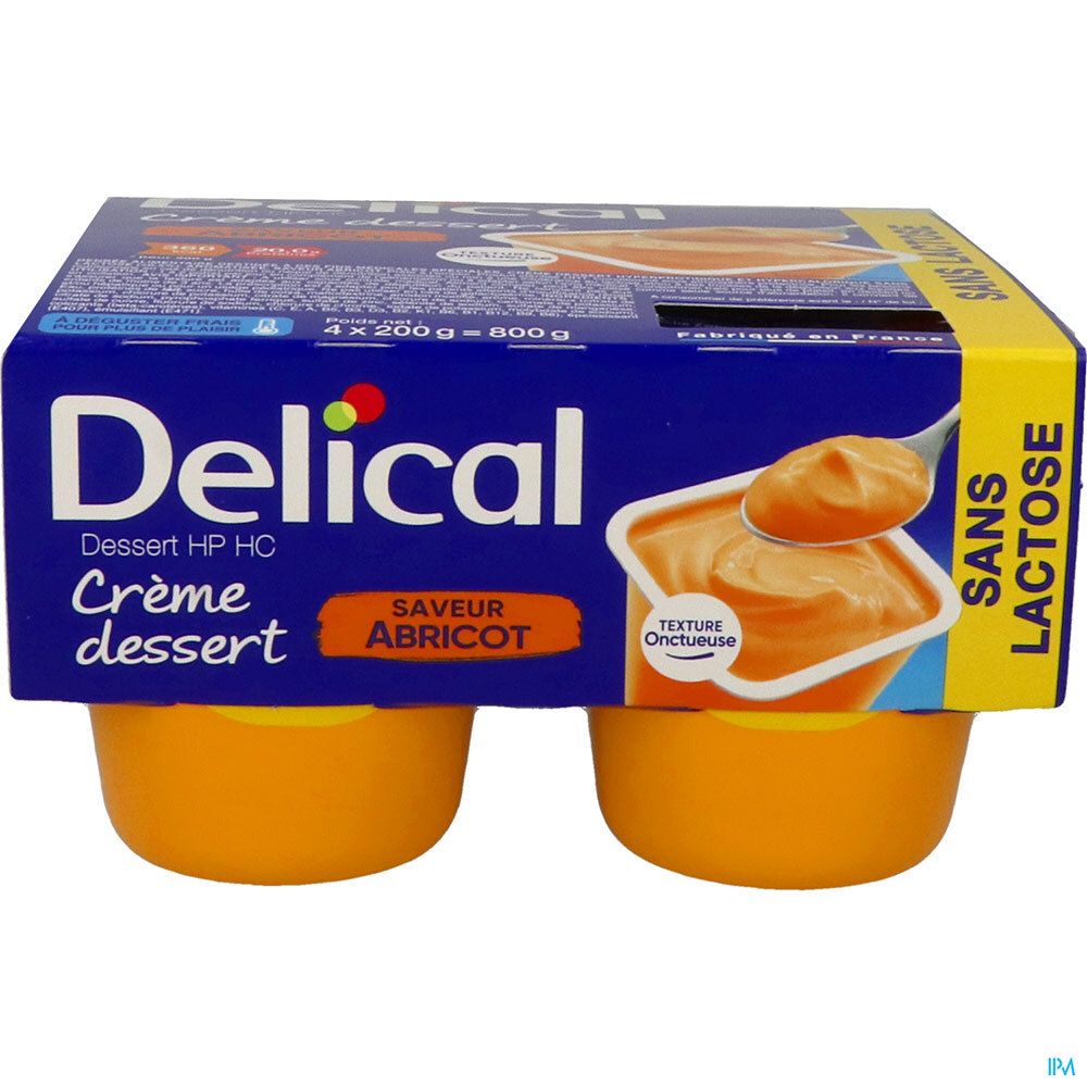 Emballage de quatre pots de Delical Crème dessert saveur abricot. Emballage bleu et jaune. Nom du produit visible.