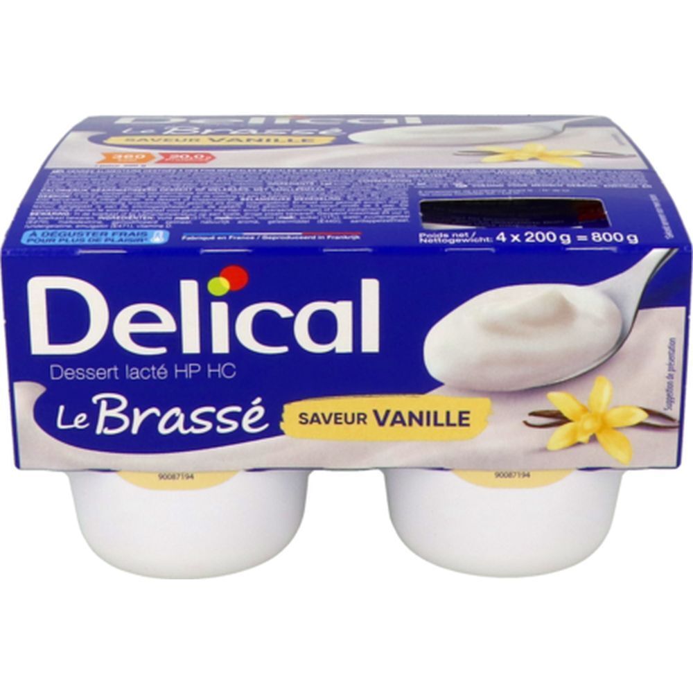 Emballage bleu et blanc avec 4 pots de Delical Dessert lacté HPHC Le Brassé Saveur Vanille. Image de yaourt et fleur de vanille.