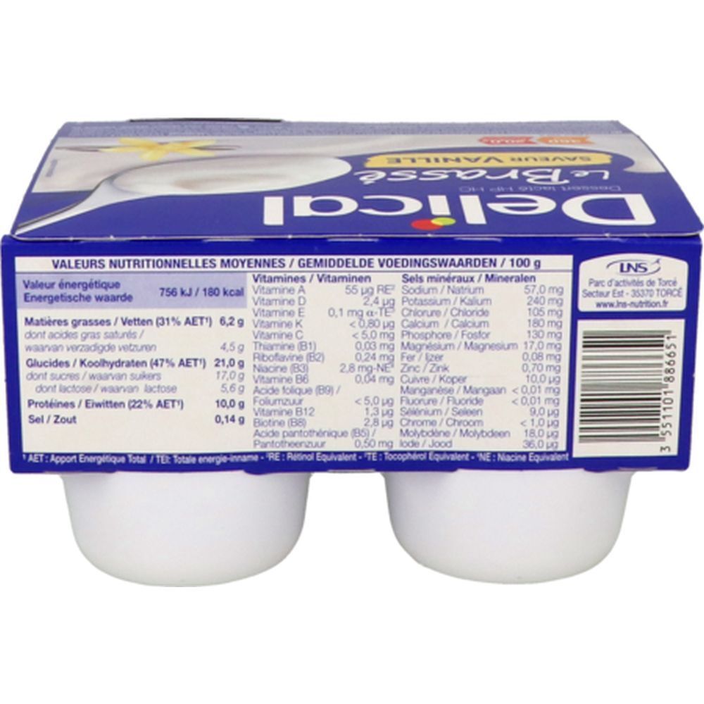 Dos de l'emballage avec informations nutritionnelles pour Delical Dessert lacté HPHC Le Brassé Vanille. Contient des tableaux de valeurs nutritionnelles.