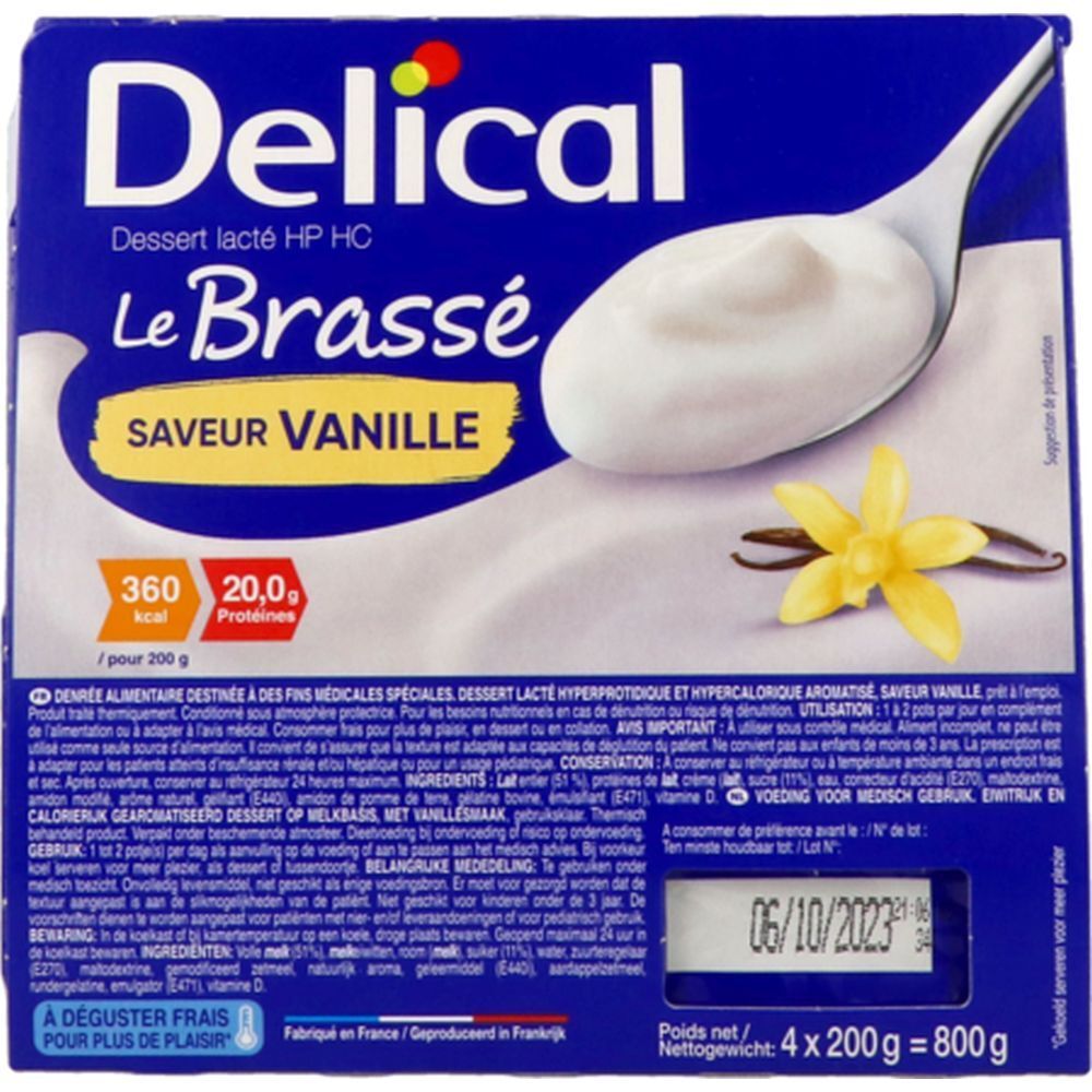 Emballage de Delical Dessert lacté HPHC Le Brassé Saveur Vanille. Contient des informations nutritionnelles, de péremption et d'ingrédients.