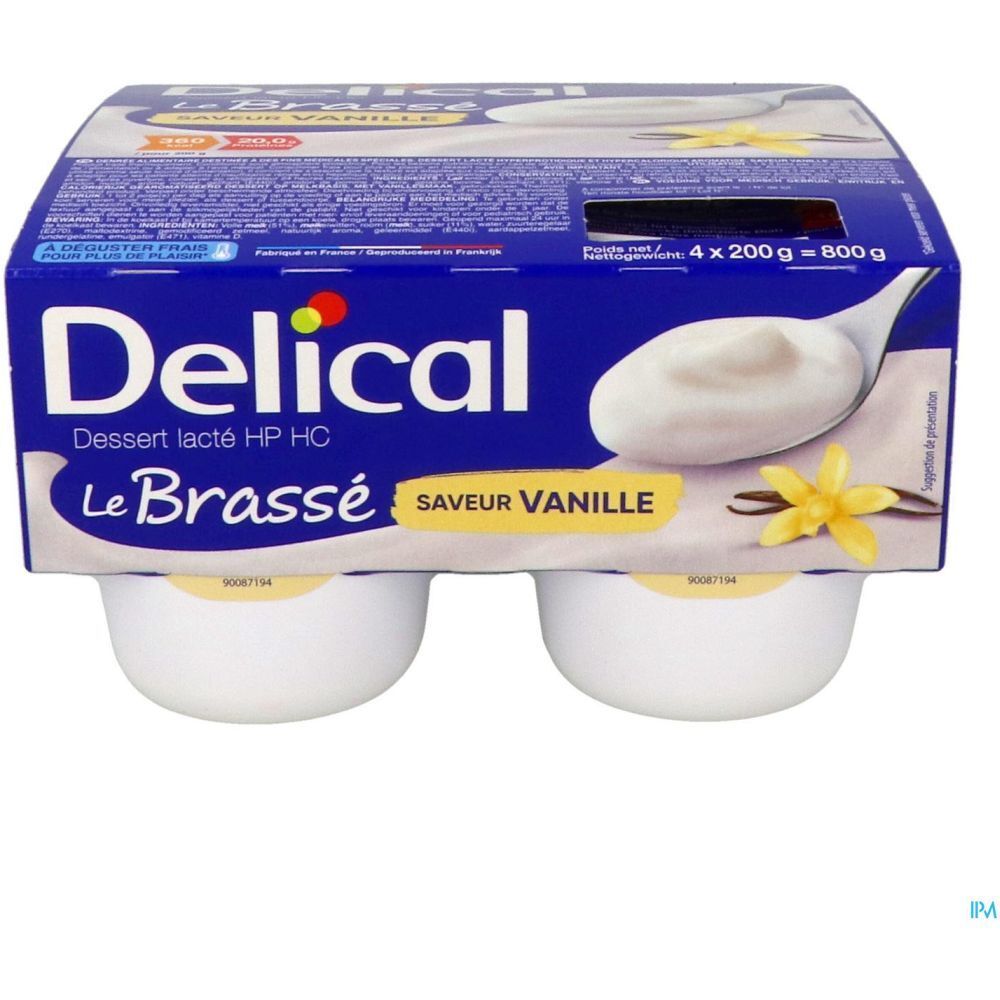 Emballage bleu et blanc avec 4 pots de Delical Dessert lacté HPHC Le Brassé Saveur Vanille. Image de yaourt et fleur de vanille.