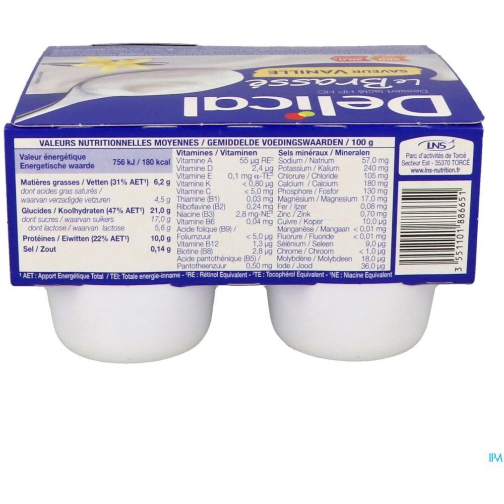 Dos de l'emballage avec informations nutritionnelles pour Delical Dessert lacté HPHC Le Brassé Vanille. Contient des tableaux de valeurs nutritionnelles.