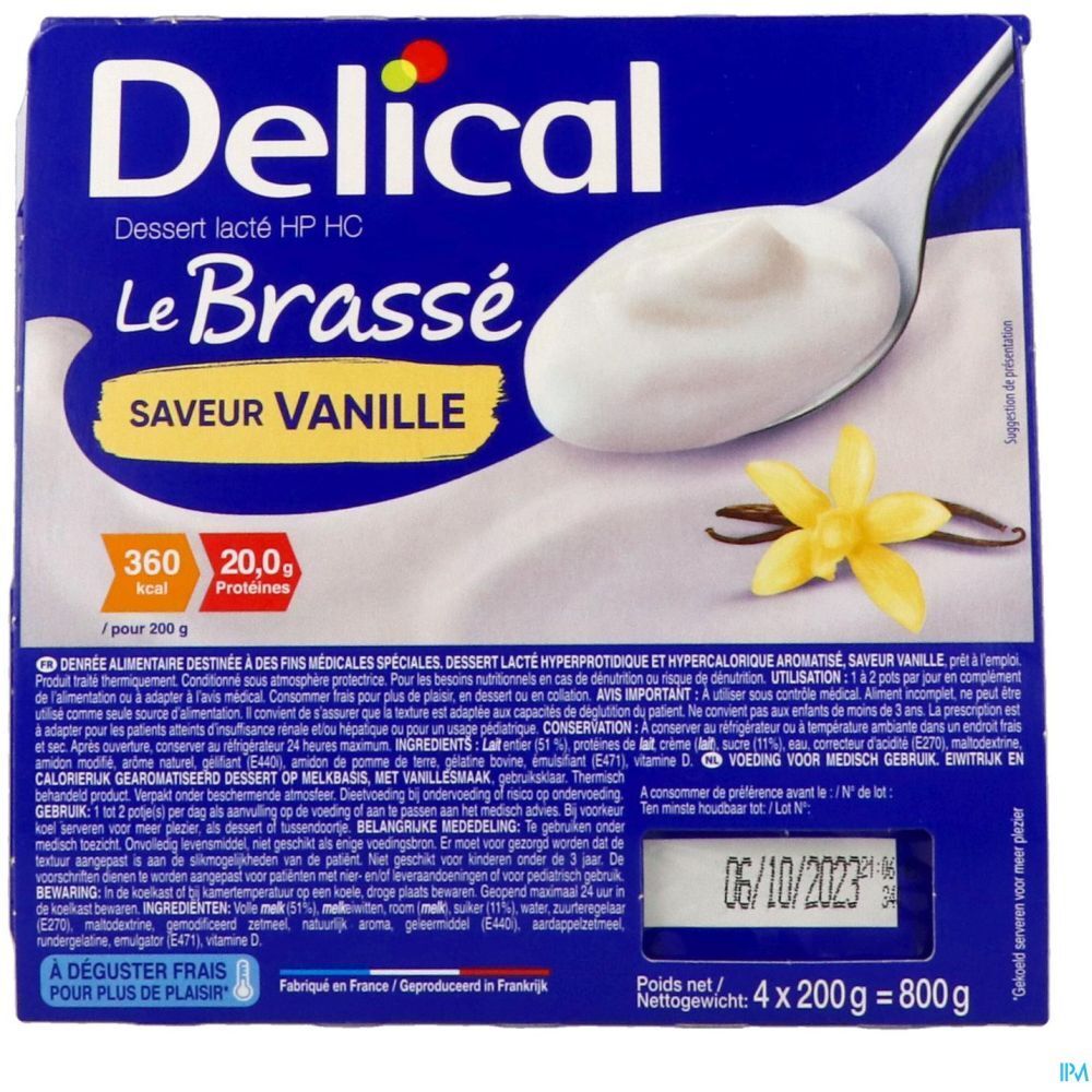 Emballage de Delical Dessert lacté HPHC Le Brassé Saveur Vanille. Contient des informations nutritionnelles, de péremption et d'ingrédients.