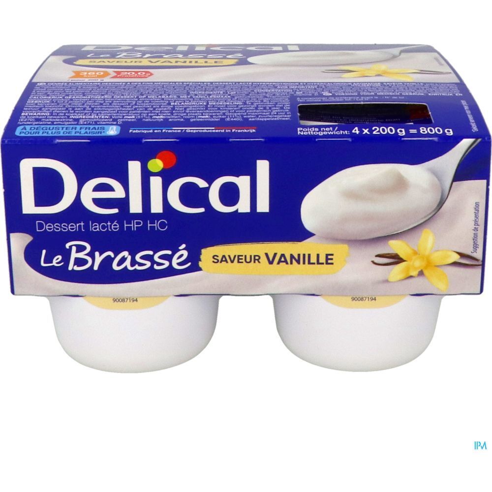 Emballage bleu et blanc avec 4 pots de Delical Dessert lacté HPHC Le Brassé Saveur Vanille. Image de yaourt et fleur de vanille.