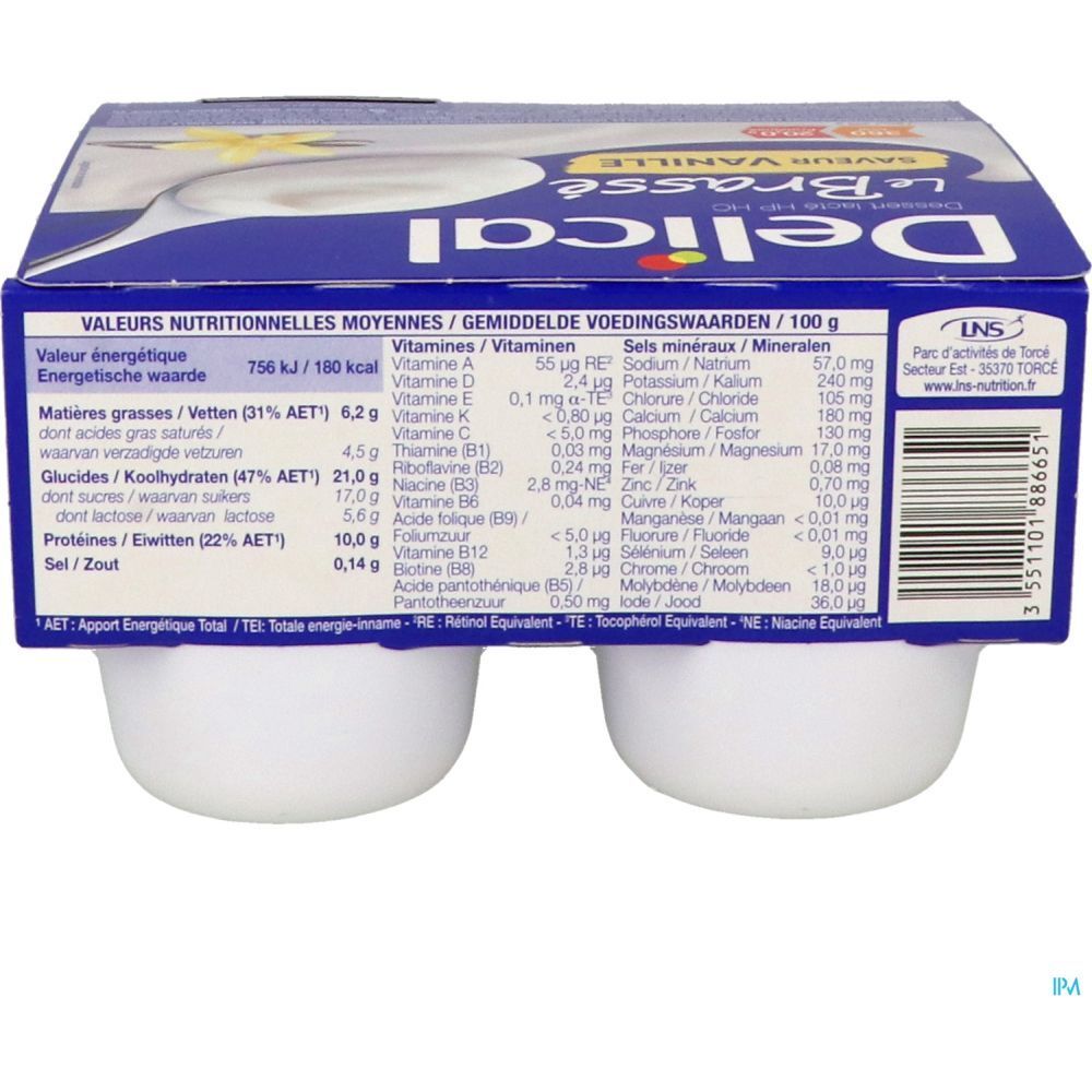 Dos de l'emballage avec informations nutritionnelles pour Delical Dessert lacté HPHC Le Brassé Vanille. Contient des tableaux de valeurs nutritionnelles.