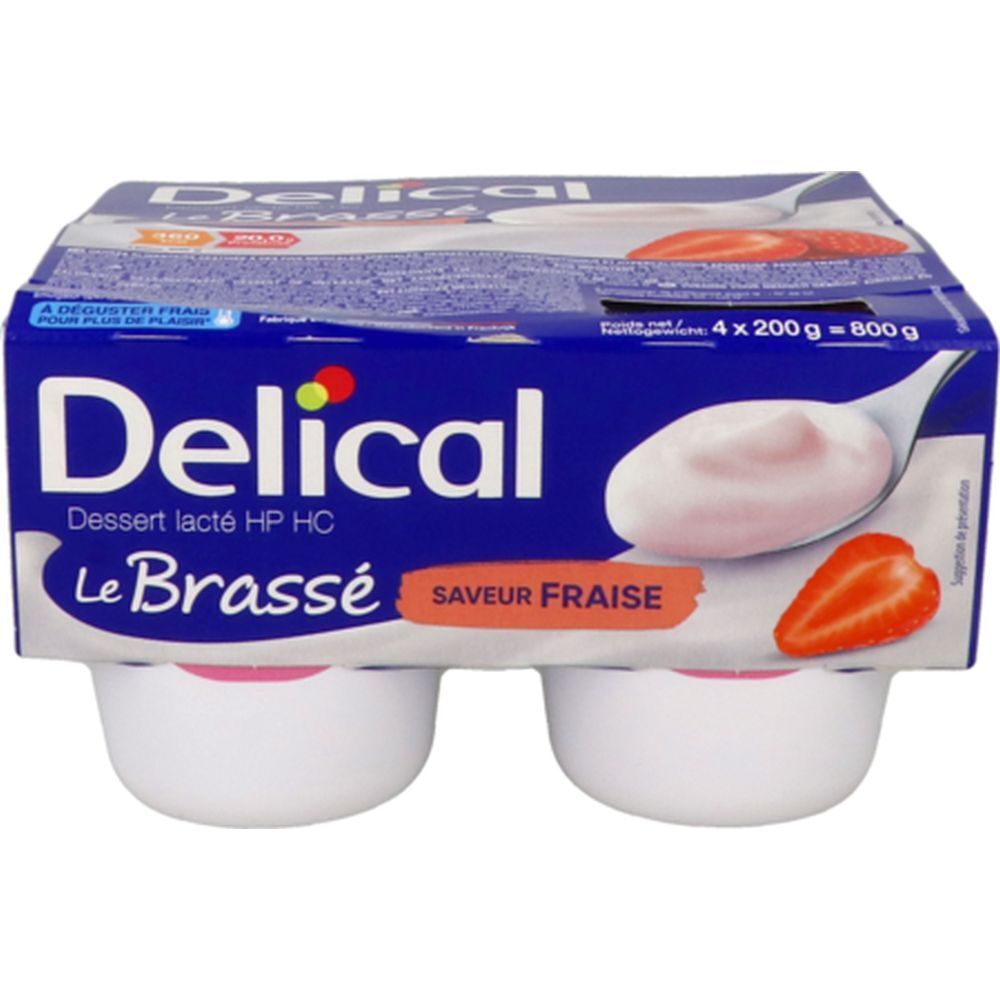 Emballage bleu Delical Dessert lacté HPHC Le Brassé Saveur Fraise. Quatre pots dans un emballage.