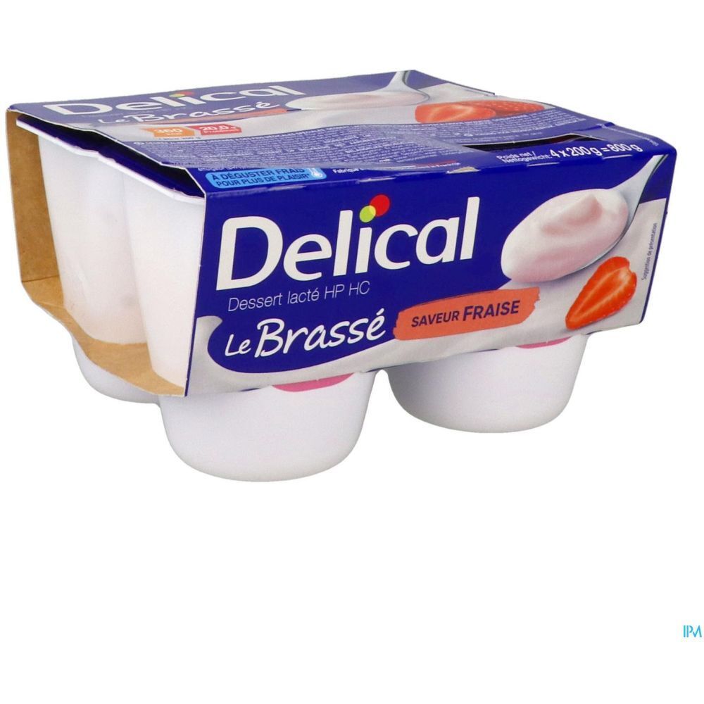 Emballage bleu Delical Dessert lacté HPHC Le Brassé Saveur Fraise. Quatre pots dans un emballage.
